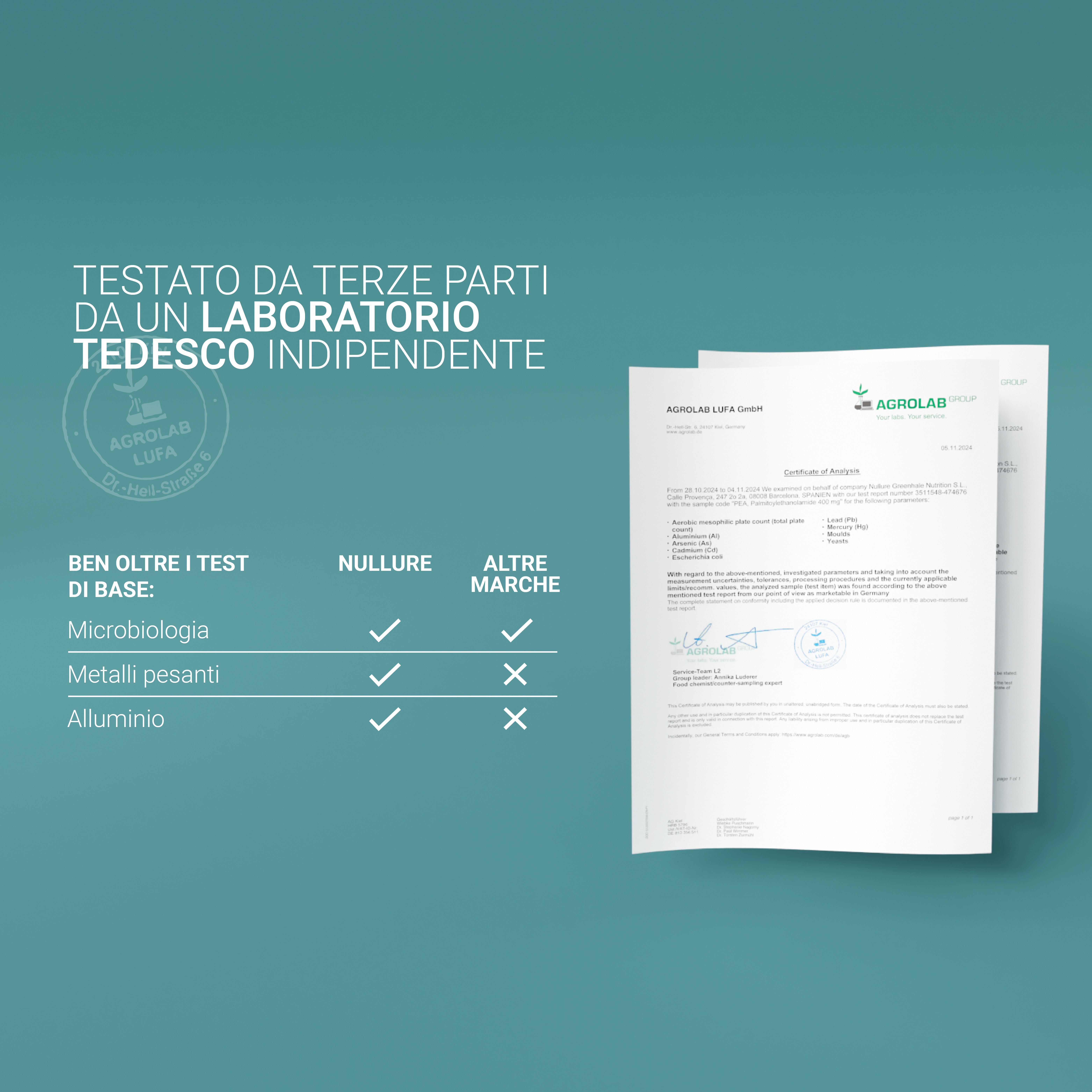 Due fogli con testo. Testo: Testato da un laboratorio tedesco indipendente. Microbiologia, metalli pesanti, alluminio.