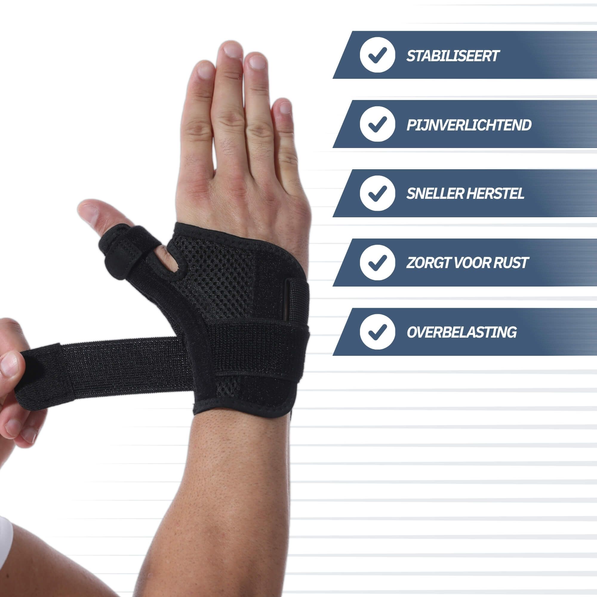 Mano con tutore nero per pollice e polso. Testo: 'One Size Fits Most'. Circonferenza polso 14-27 cm.