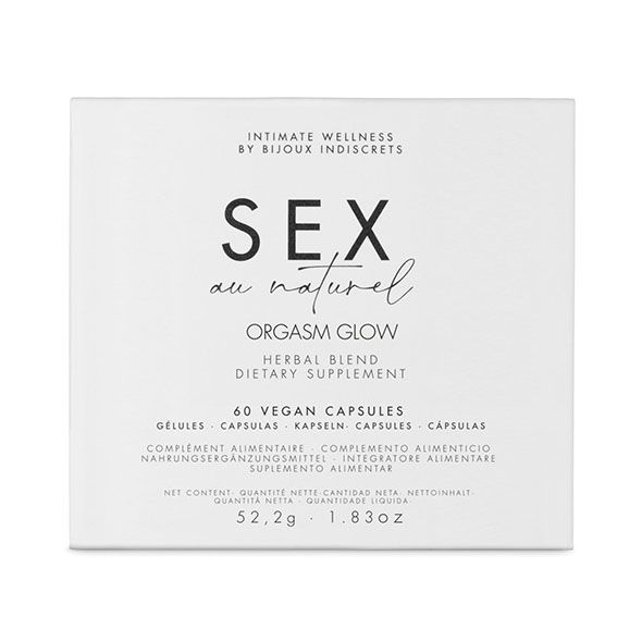 Scatola bianca con testo SEX au naturel ORGASM GLOW. 60 capsule vegane. Benessere intimo.