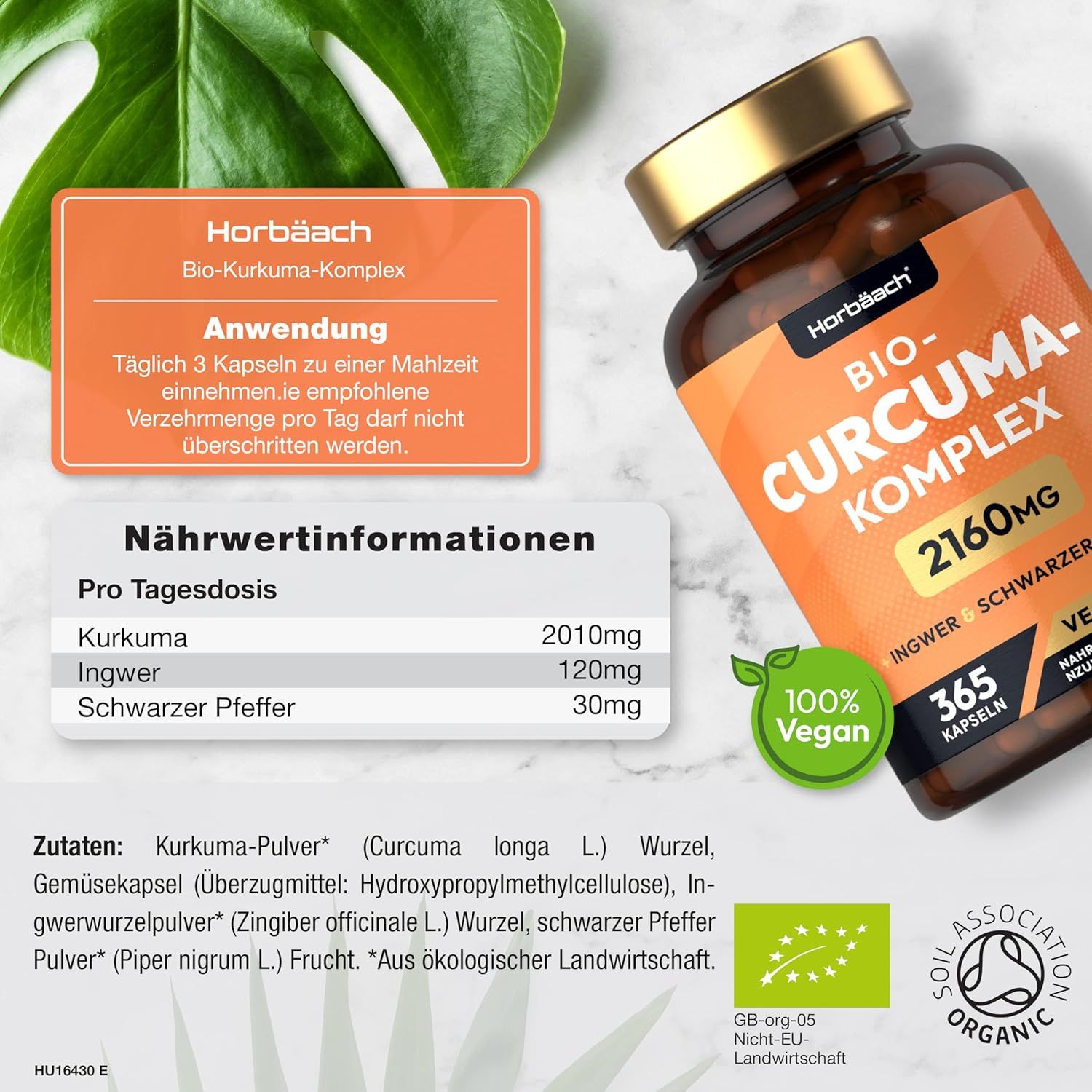 Flacone marrone di capsule. Scritta: Bio-Curcuma-Komplex 2160mg, Zenzero + Pepe nero, 365 capsule, Vegan. Informazioni nutrizionali.