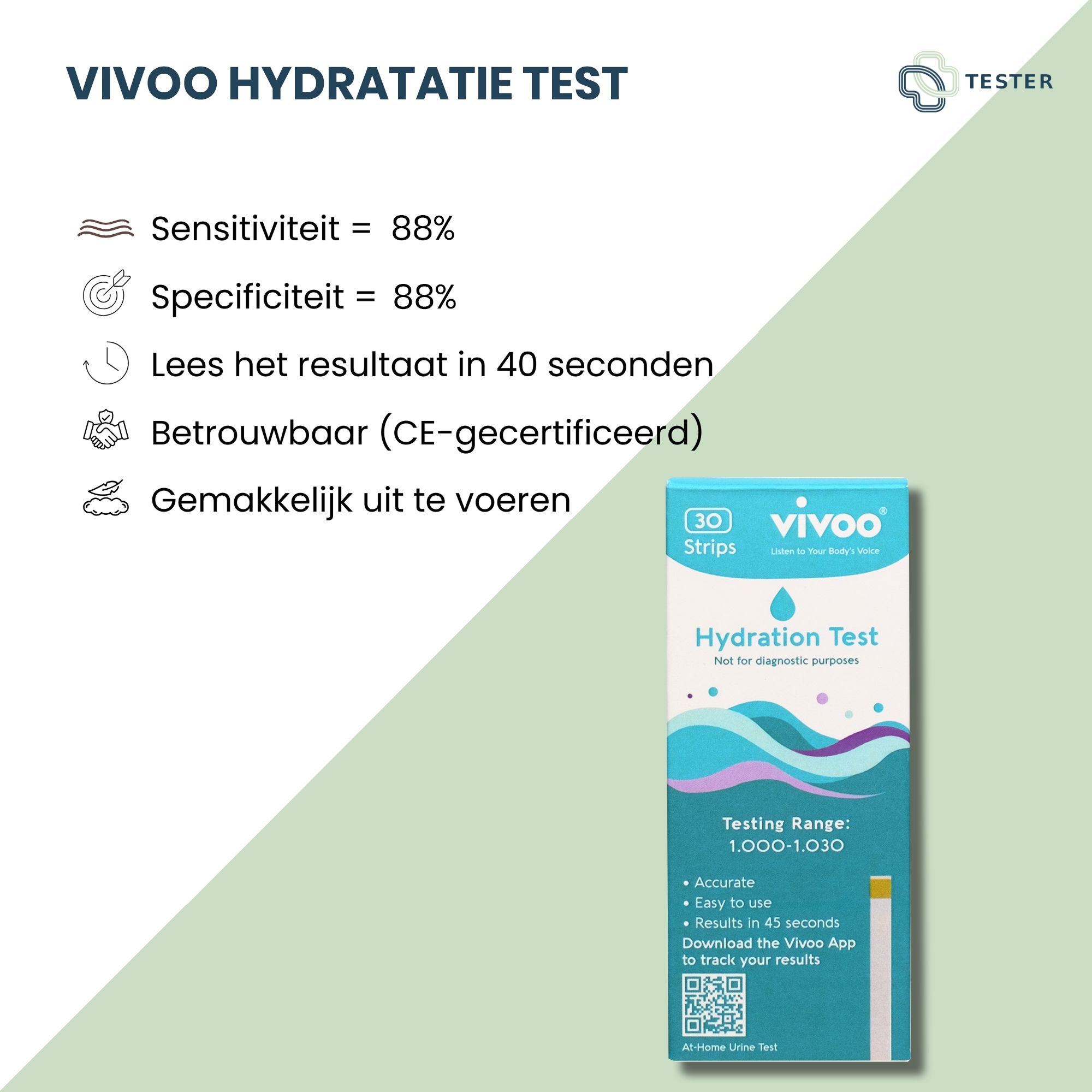 Test di idratazione Vivoo. Confezione da 30 strisce. Confezione blu e bianca con nome del prodotto e QR code. Informazioni aggiuntive.