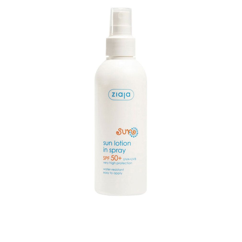 Flacone spray bianco con logo Ziaja e SPF 50+. Testo: Sun Lotion in Spray, resistente all'acqua.