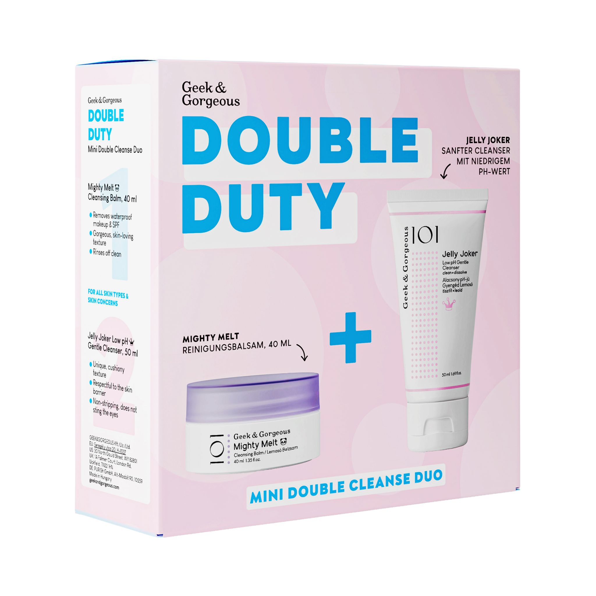 Duo Mini Double Cleanse Double Duty Geek & Gorgeous. Confezione rosa e bianca con nomi dei prodotti e ingredienti. Contiene due prodotti.