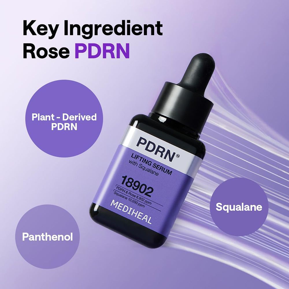 Flacone di siero con tappo nero. Scritta PDRN Lifting Serum with Squalane. Etichetta viola con testo e marchio MEDIHEAL.