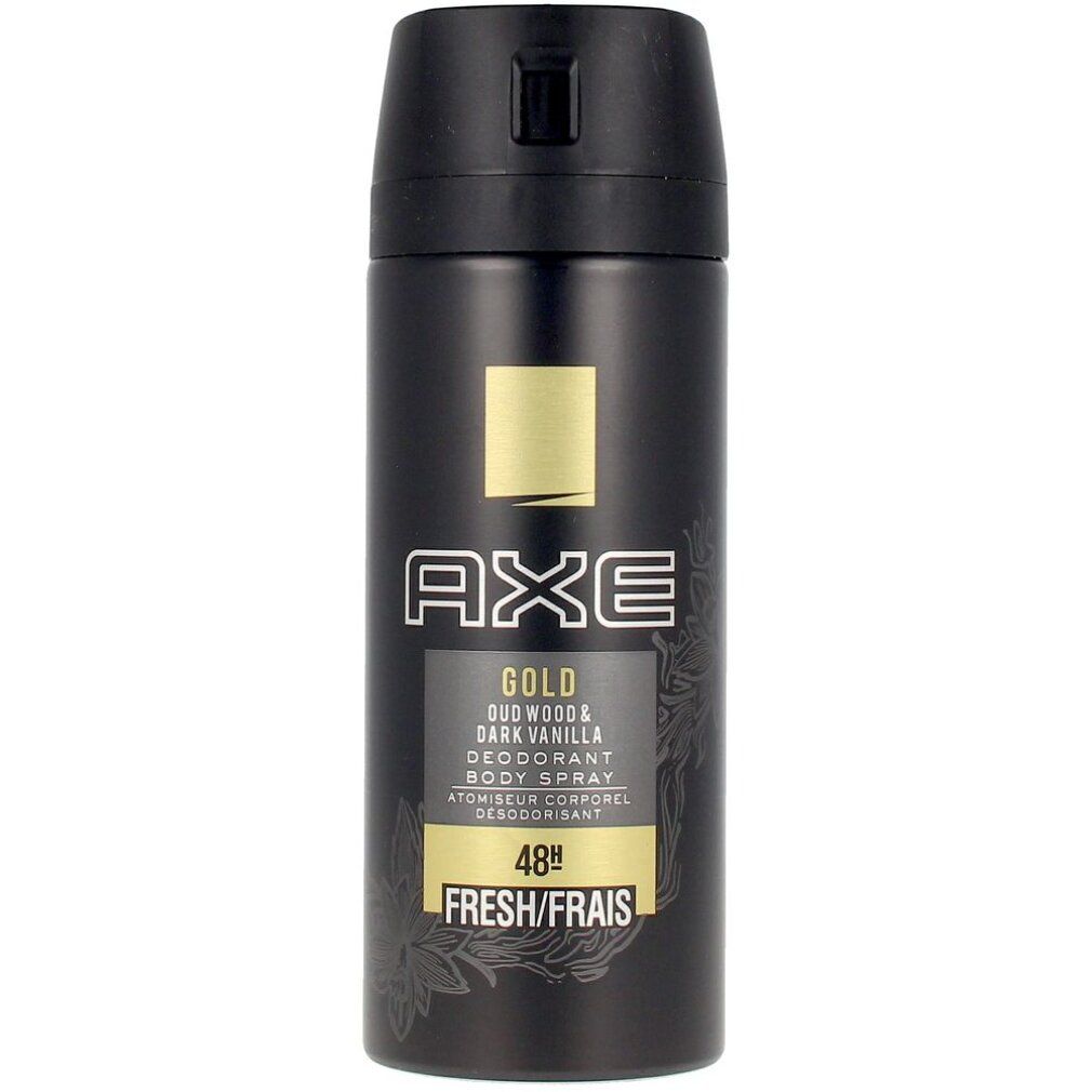 Spray deodorante nero con dettagli dorati. Testo: AXE GOLD, Oud Wood & Dark Vanilla, 48h Fresh/Frais.