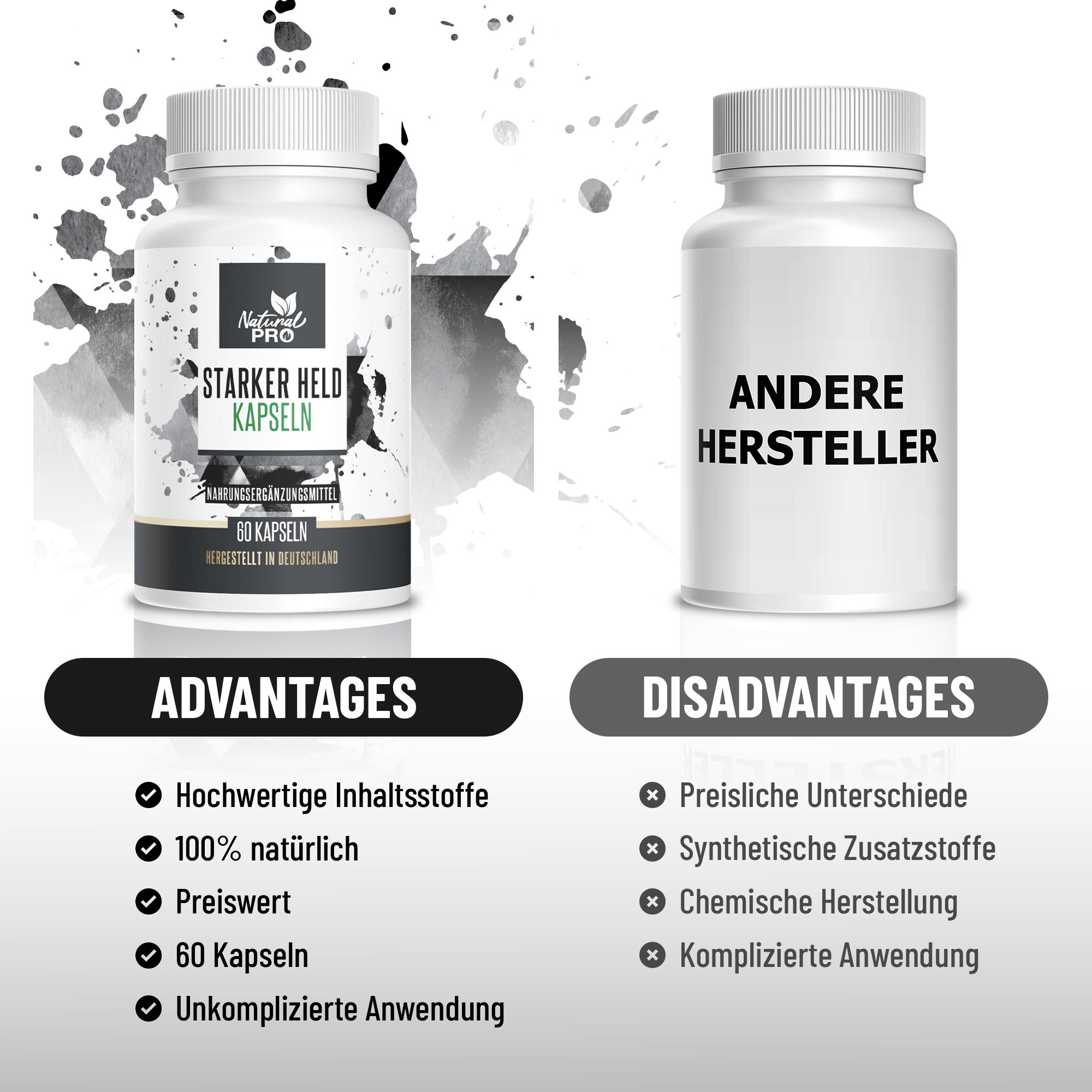 Confronto tra due flaconi. A sinistra: Starker Held Kapseln, 60 Kapseln. A destra: Altri produttori. Vantaggi e svantaggi confrontati.