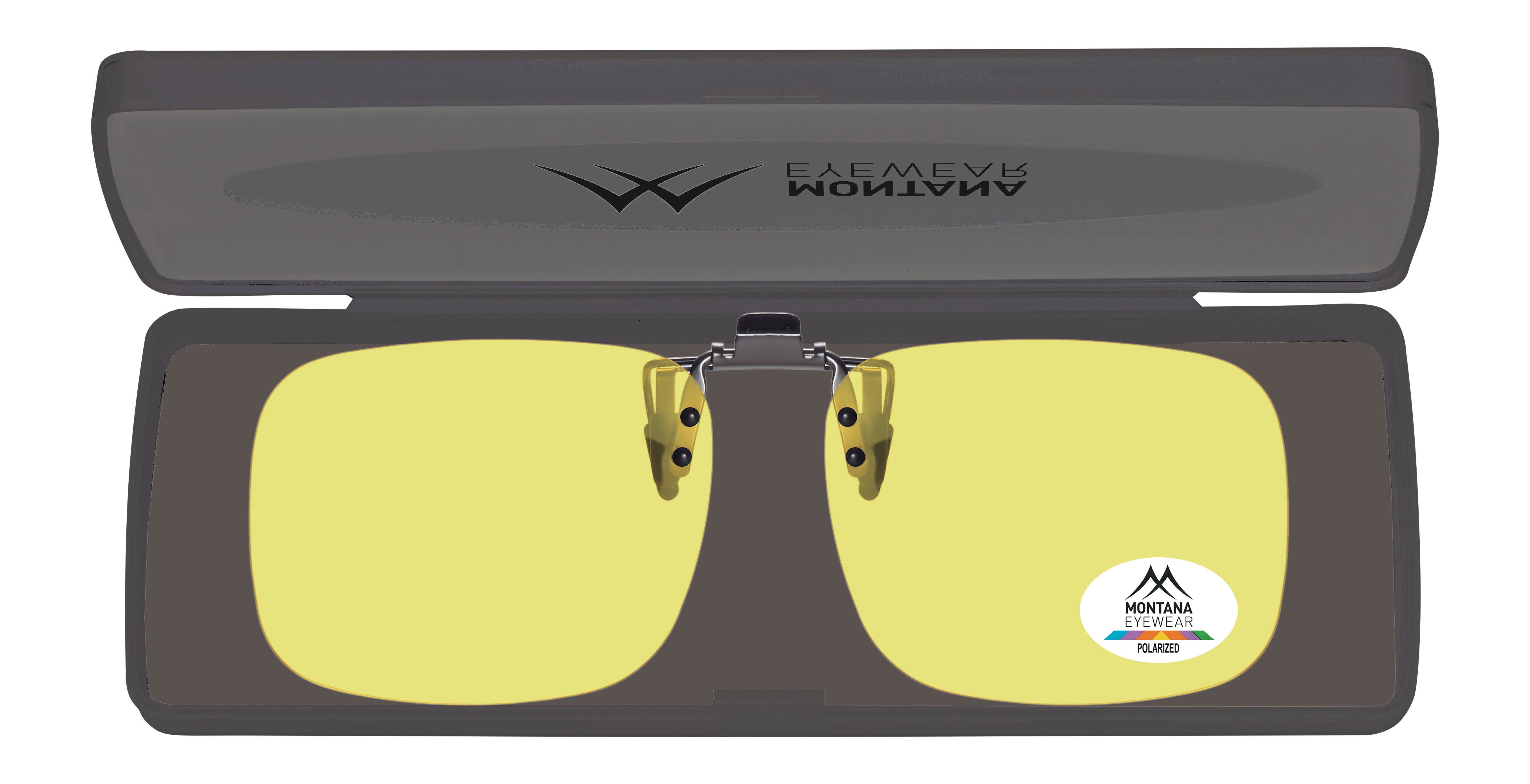Occhiali da sole clip-on Montana Eyewear Tofino in custodia grigia. Lenti gialle, logo Polarized.