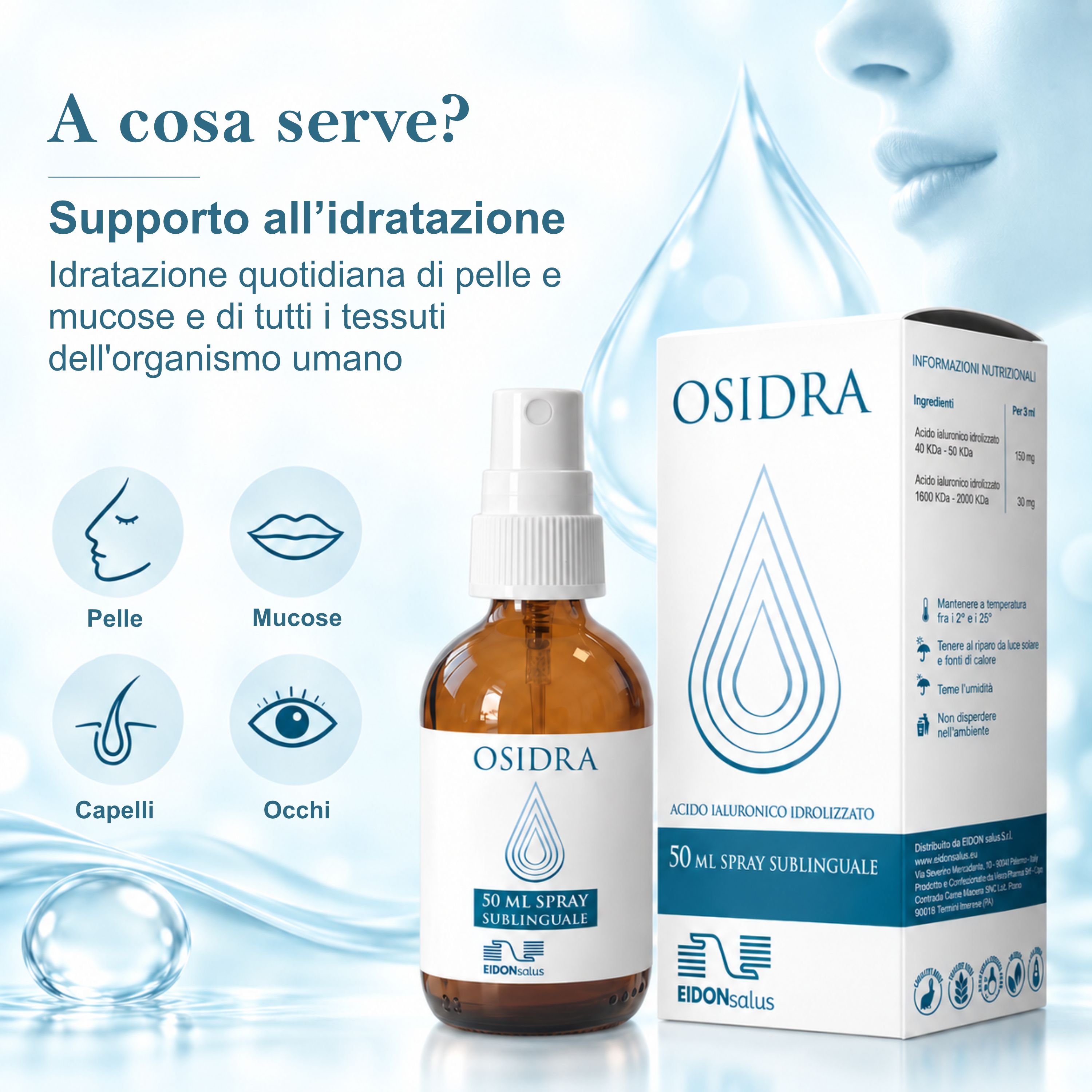 Spray OSIDRA: flacone e scatola. Icone per pelle, bocca, capelli, occhi. "A cosa serve? Supporto all'idratazione".