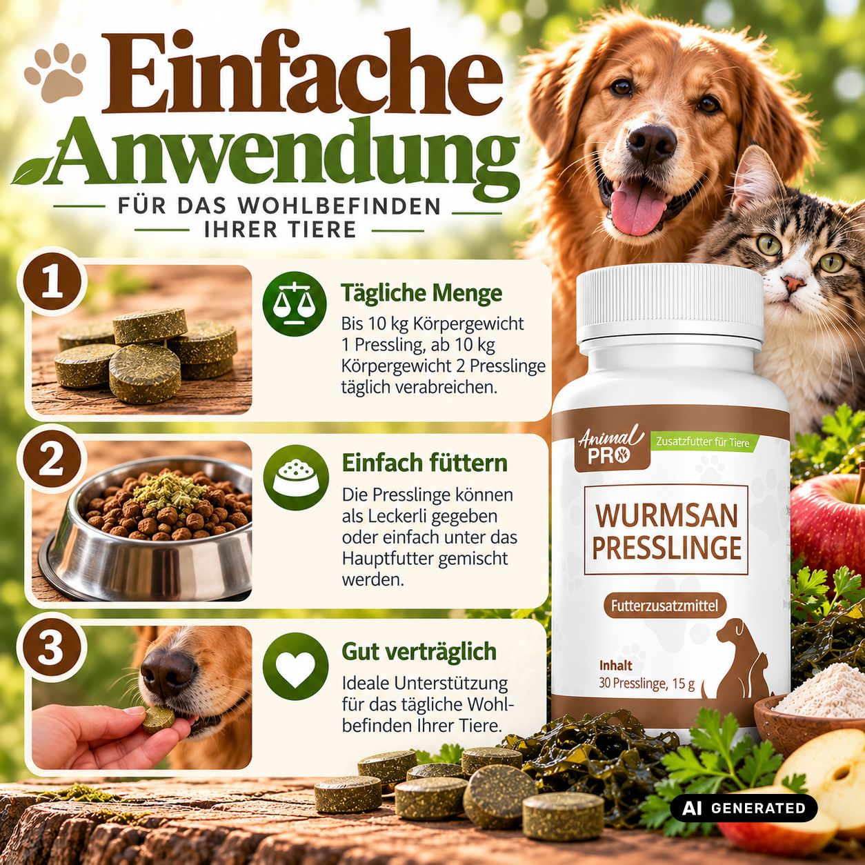 Flacone di 'WURMSAN PRESSLINGE' con 30 compresse, 15g. Mostra l'uso semplice e il dosaggio giornaliero per animali.