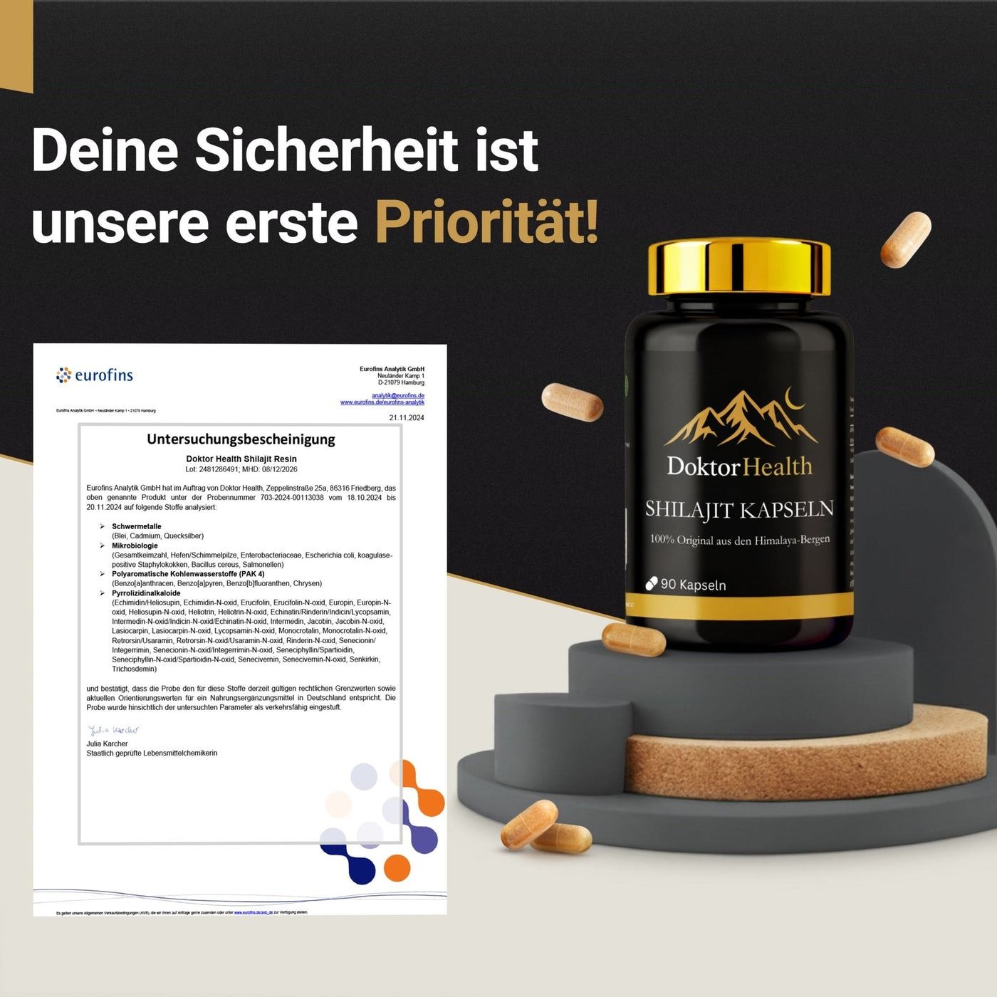 Flacone nero con tappo dorato e capsule. Scritta: Doktor Health Shilajit Kapseln. Certificato.