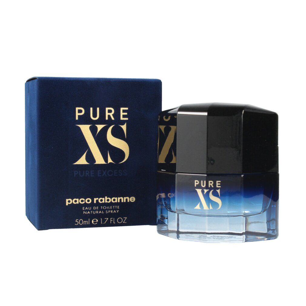 Paco Rabanne Pure XS Eau de Toilette Spray. Flacone. Sfumatura blu-nera. Tappo nero. Scritta dorata.