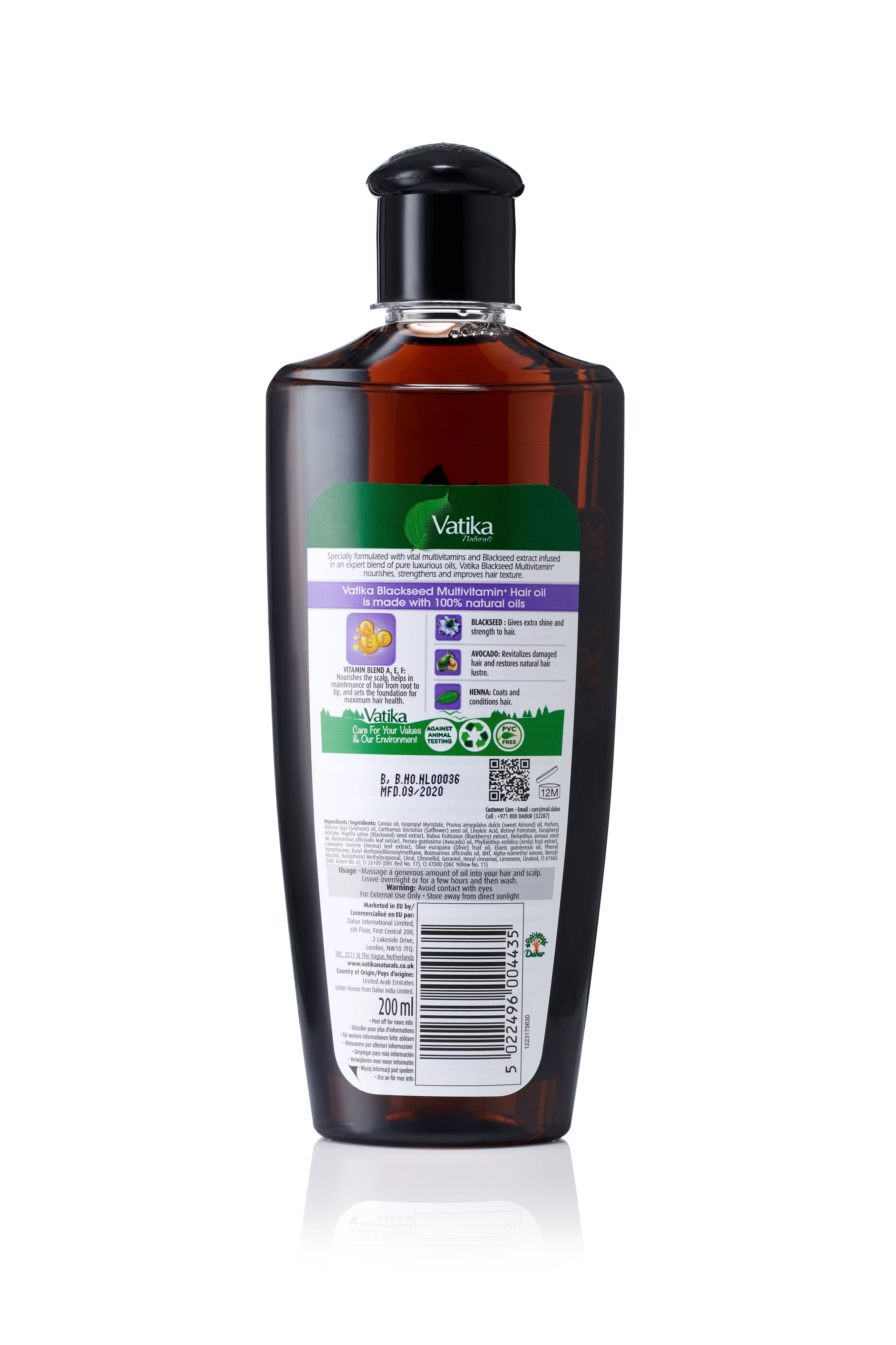 Retro della bottiglia di olio per capelli Vatika Naturals Schwarzkümmel. Etichetta con testo, loghi e codice QR. 200 ml.