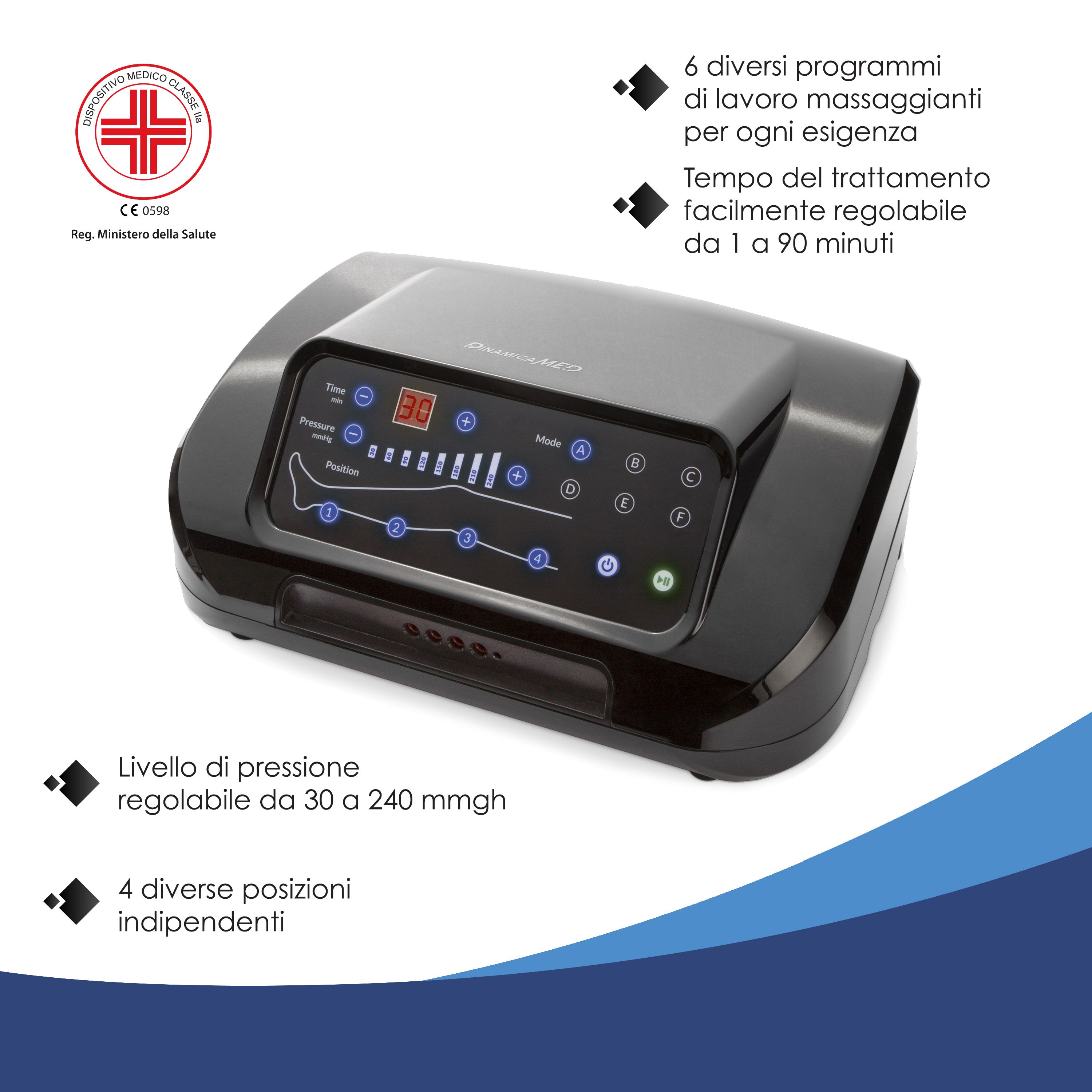 Dispositivo di massaggio nero con display digitale che mostra programmi, pressione e tempo. Certificato CE.