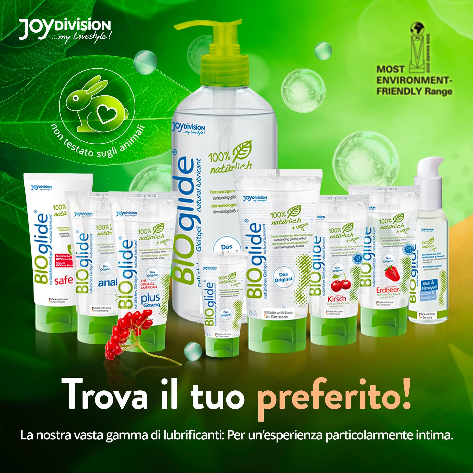Presentazione dei lubrificanti Joydivision Bio-Glide e accessori.