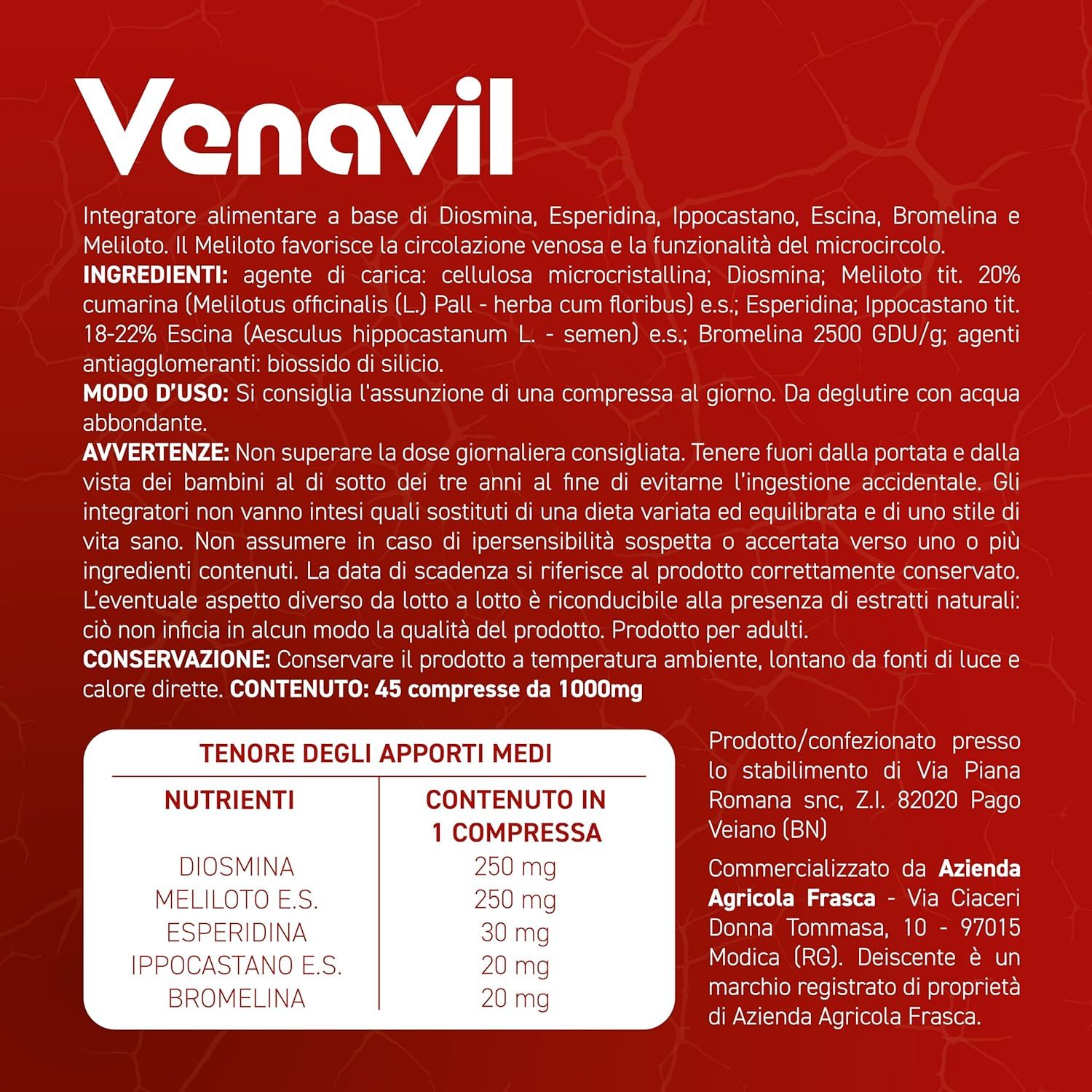 Informazioni sulla confezione di Venavil, integratore alimentare con 45 capsule da 1000mg.