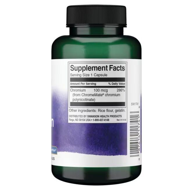 Retro del flacone verde. Etichetta con informazioni nutrizionali, "Chromium 100 mcg" e ingredienti. Codice a barre.