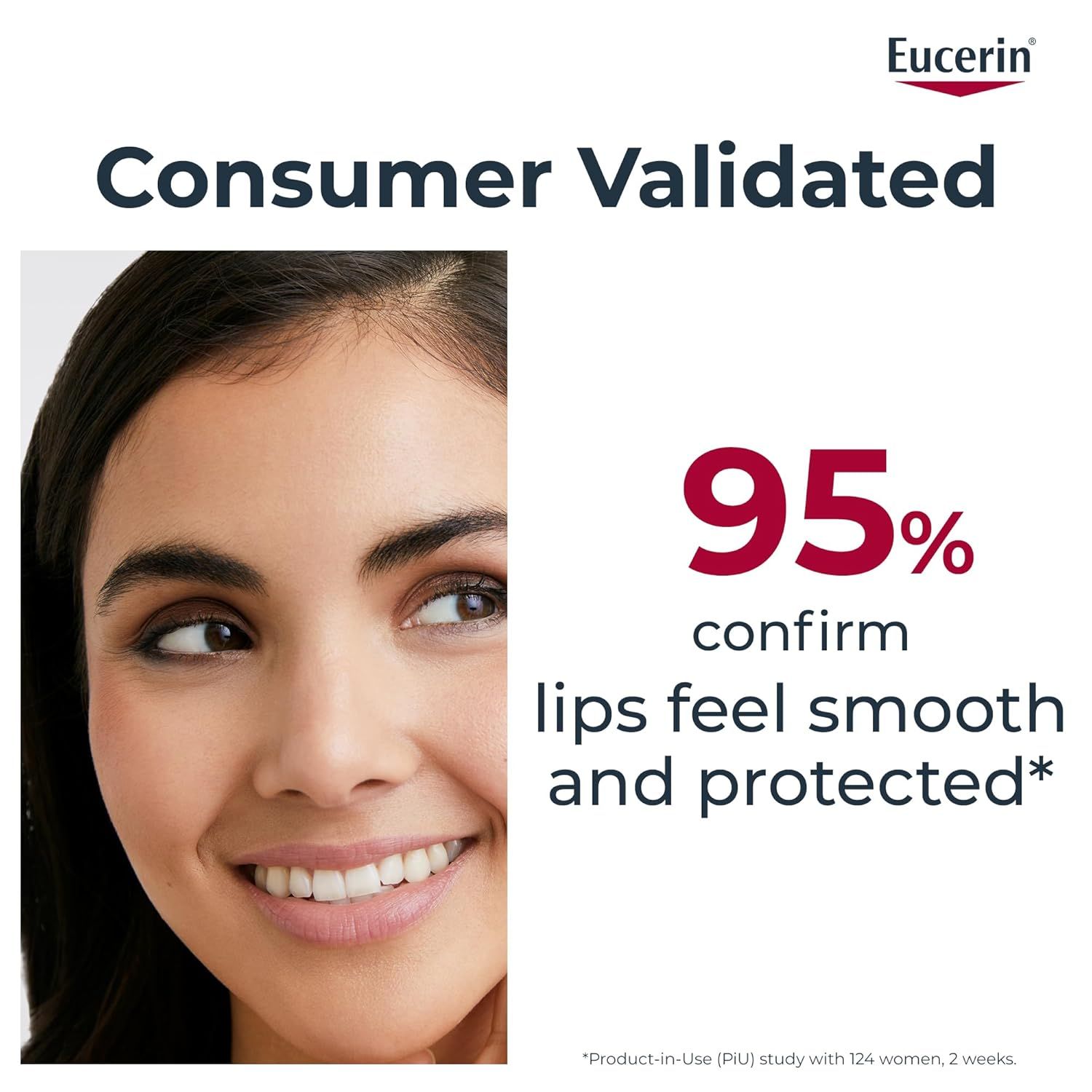 Giovane donna. Testo: Consumer Validated, il 95% conferma che le labbra sono lisce e protette.