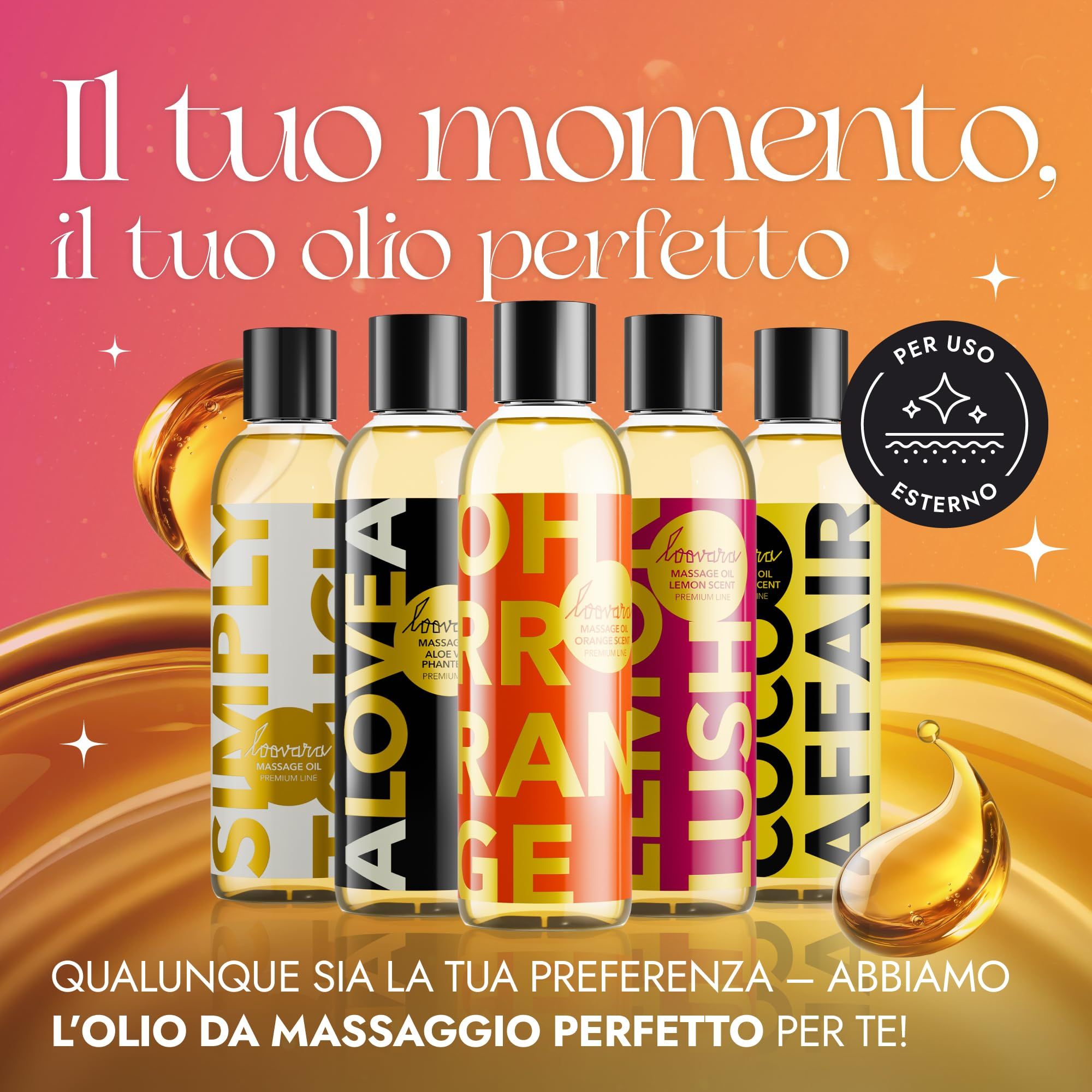 Cinque flaconi di olio da massaggio Loovara di diversi colori e scritte.