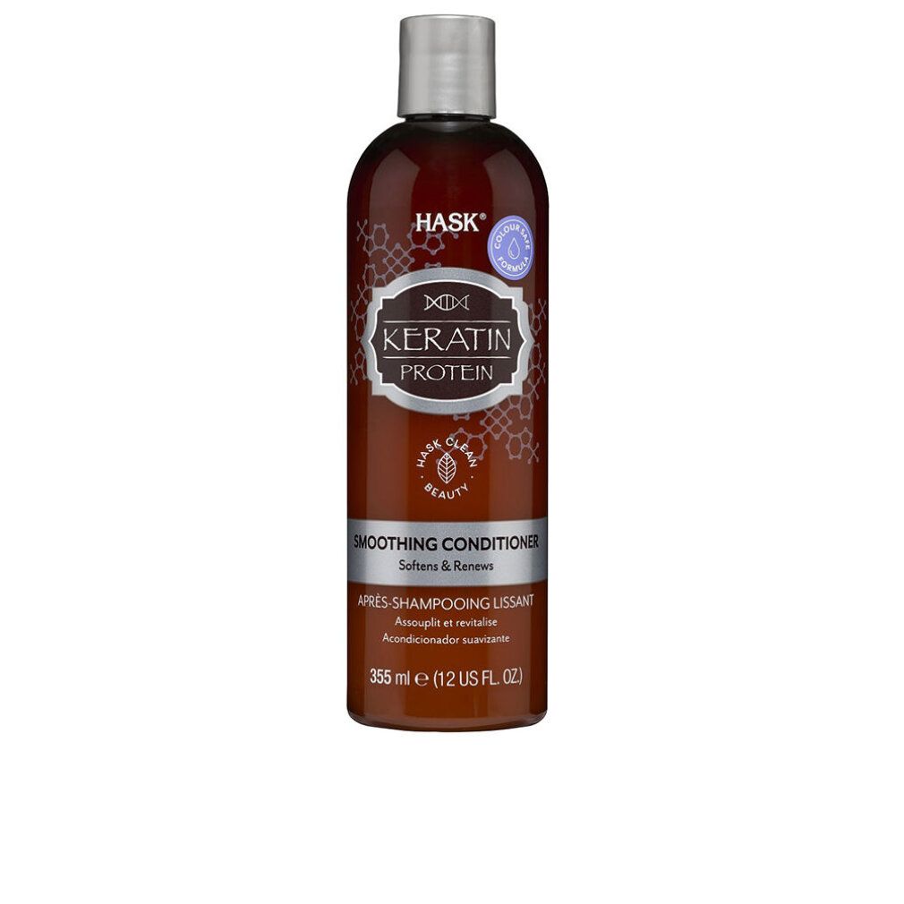 Flacone marrone con tappo argentato. Scritta: Hask Keratin Protein Smoothing Conditioner. Contiene 355 ml (12 US FL. OZ.).