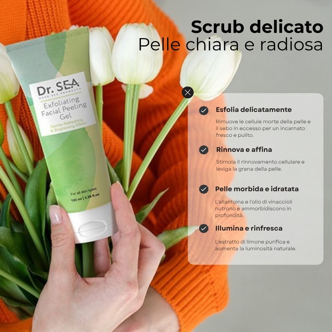 Persona che tiene un tubo di gel esfoliante per il viso. Testo: Scrub delicato, pelle chiara e radiosa. Vantaggi: Esfolia delicatamente.