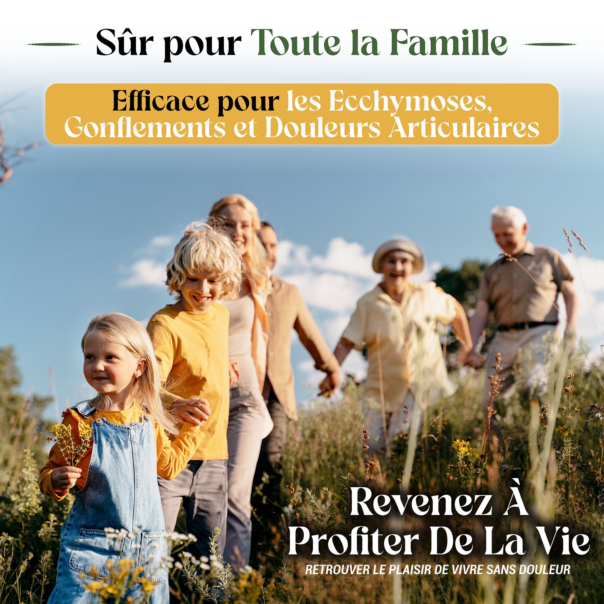 Famiglia che cammina all'aperto. Testo: Sicuro per tutta la famiglia. Efficace per lividi, gonfiori e dolori articolari.