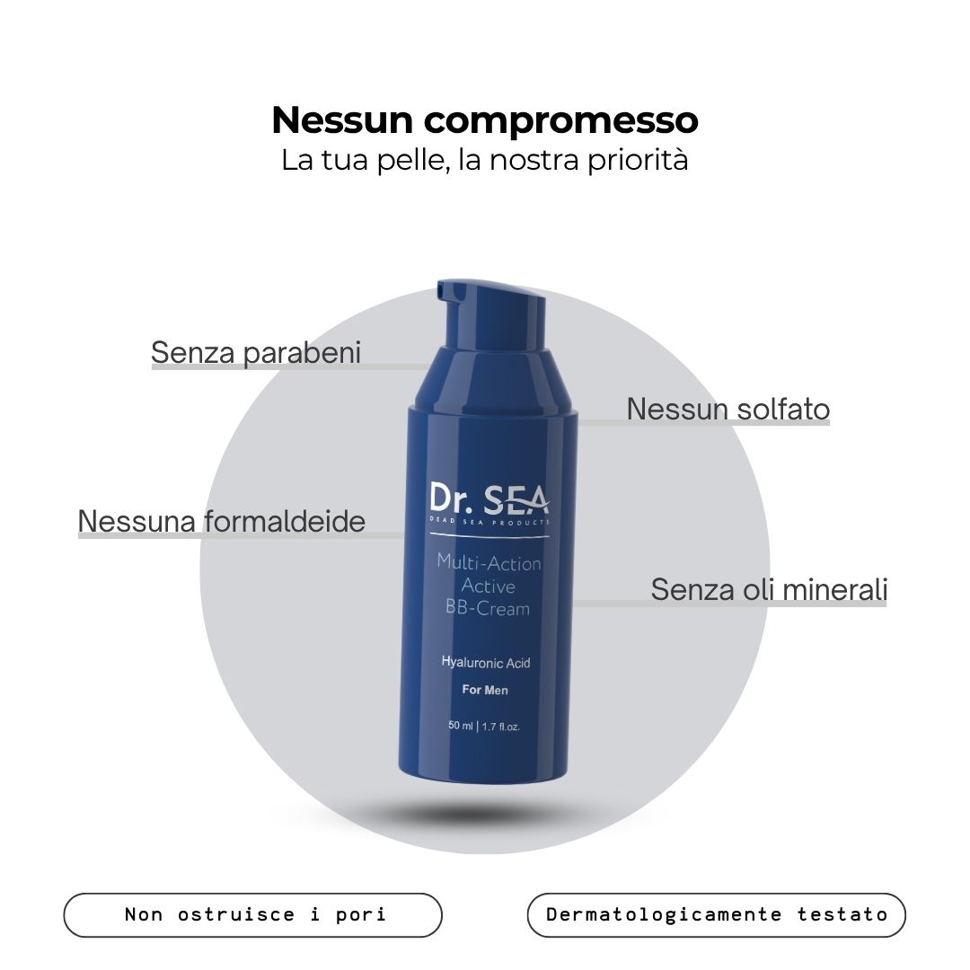Flacone blu con Dr. SEA BB-Cream Multi-Action per uomo. Testo: Senza parabeni, solfati, formaldeide, oli minerali.