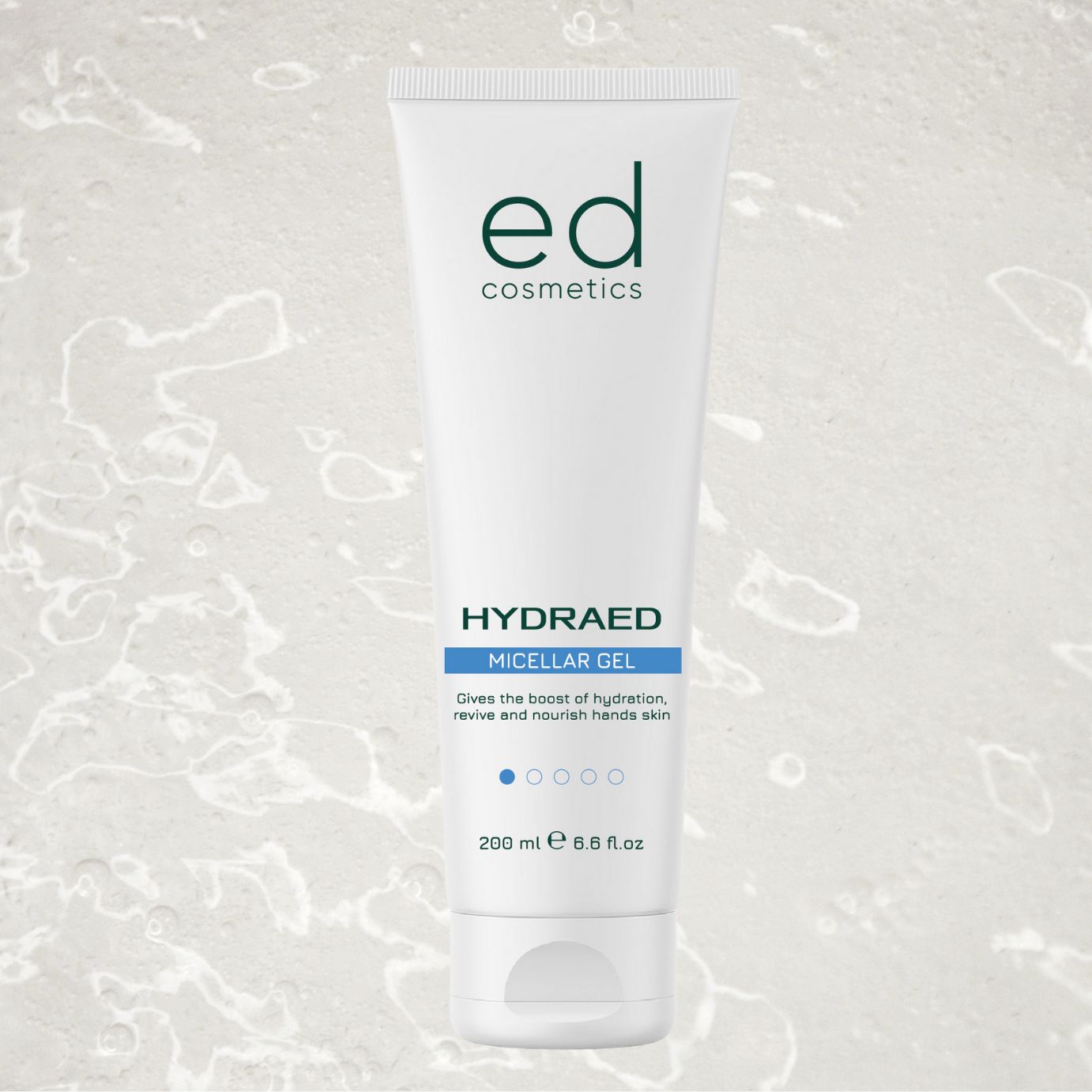 Tubo bianco con logo verde "ed cosmetics". "HYDRAED MICELLAR GEL" e barra blu. 200 ml.