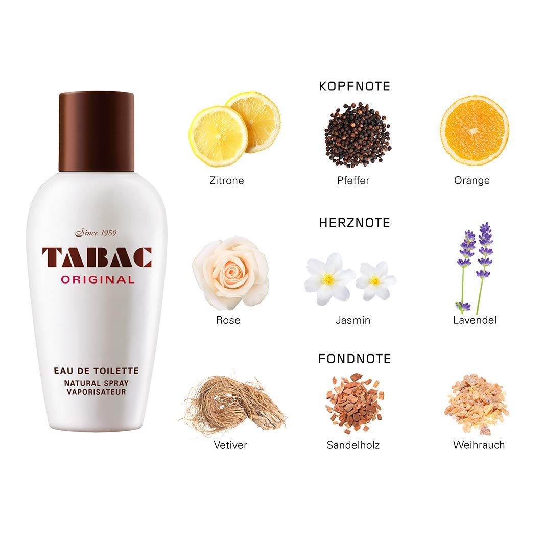 Flacone bianco con tappo marrone. Scritta: TABAC ORIGINAL. Eau de Toilette. Ingredienti: limone, rosa, gelsomino, lavanda, ecc.