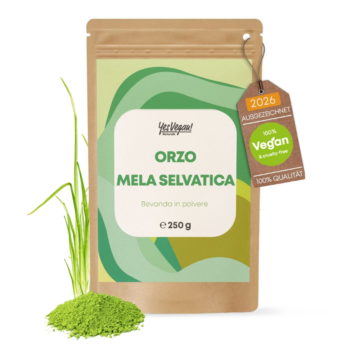 Polvere di erba d'orzo in confezione marrone stand-up con sigillo.