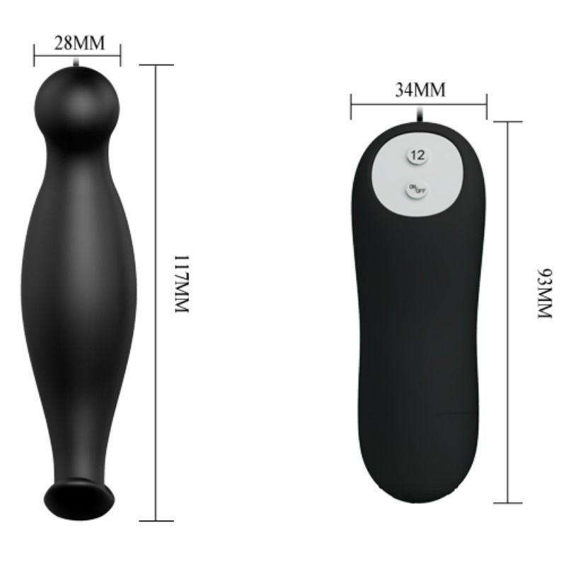 Plug anale in silicone nero con base larga e telecomando, in primo piano su sfondo bianco.