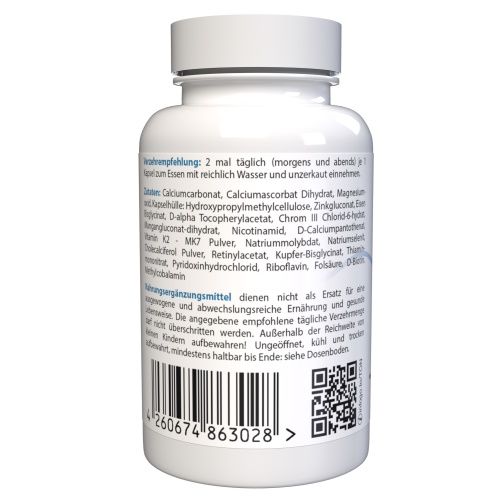 Retro di un flacone bianco. Contiene informazioni e ingredienti. Codice a barre e codice QR.