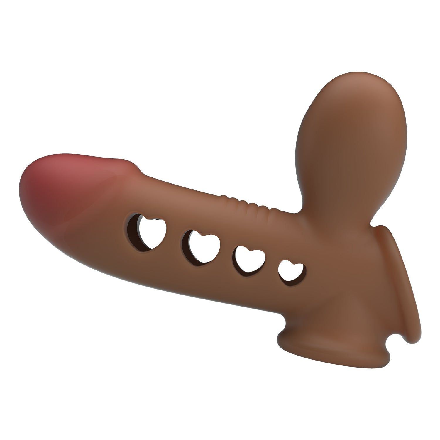 Prolunga peniena marrone con fori a forma di cuore e elemento a forma di cuore.