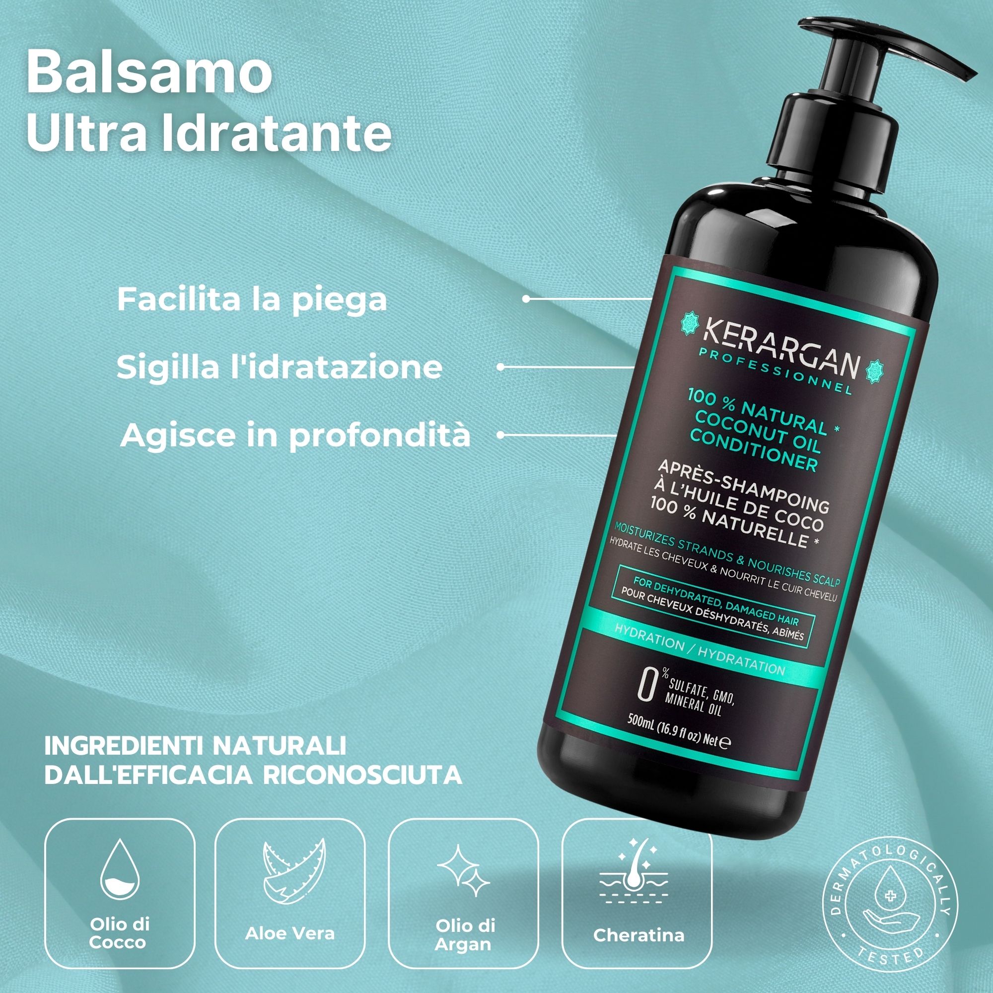 Kerargan - Trio Shampoo, Balsamo & Maschera Olio di Cocco - Capelli Disidratati - Senza solfati, OGM