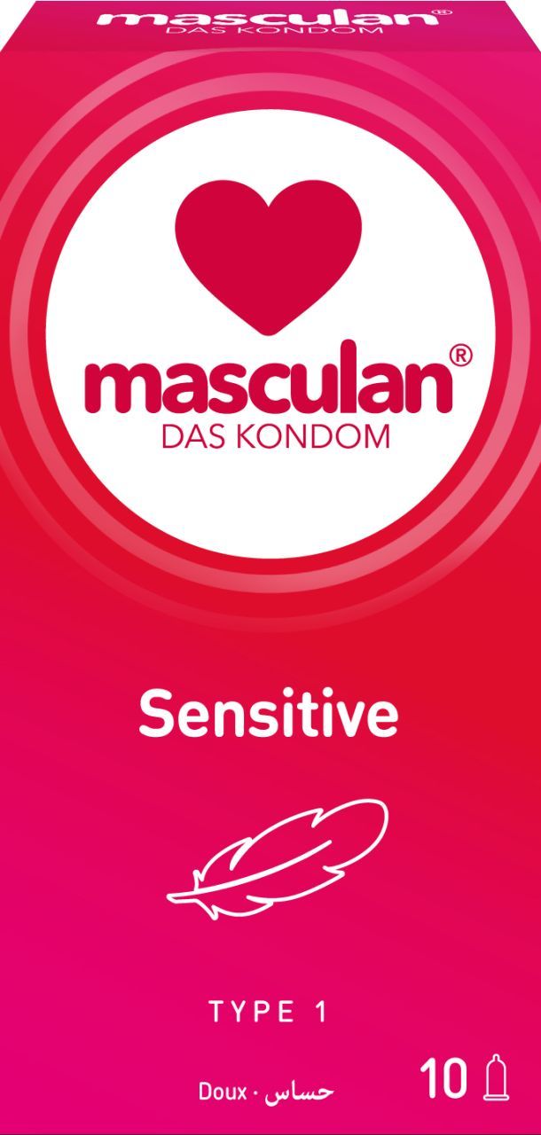 Confezione da 10 preservativi Masculan Tipo 1 Sensitive. Scatola rossa con simboli cuore e piuma.