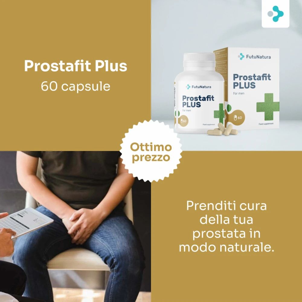 FutuNatura Prostafit Plus. Flacone e scatola con capsule. 60 capsule. Croce verde. Ottimo prezzo.