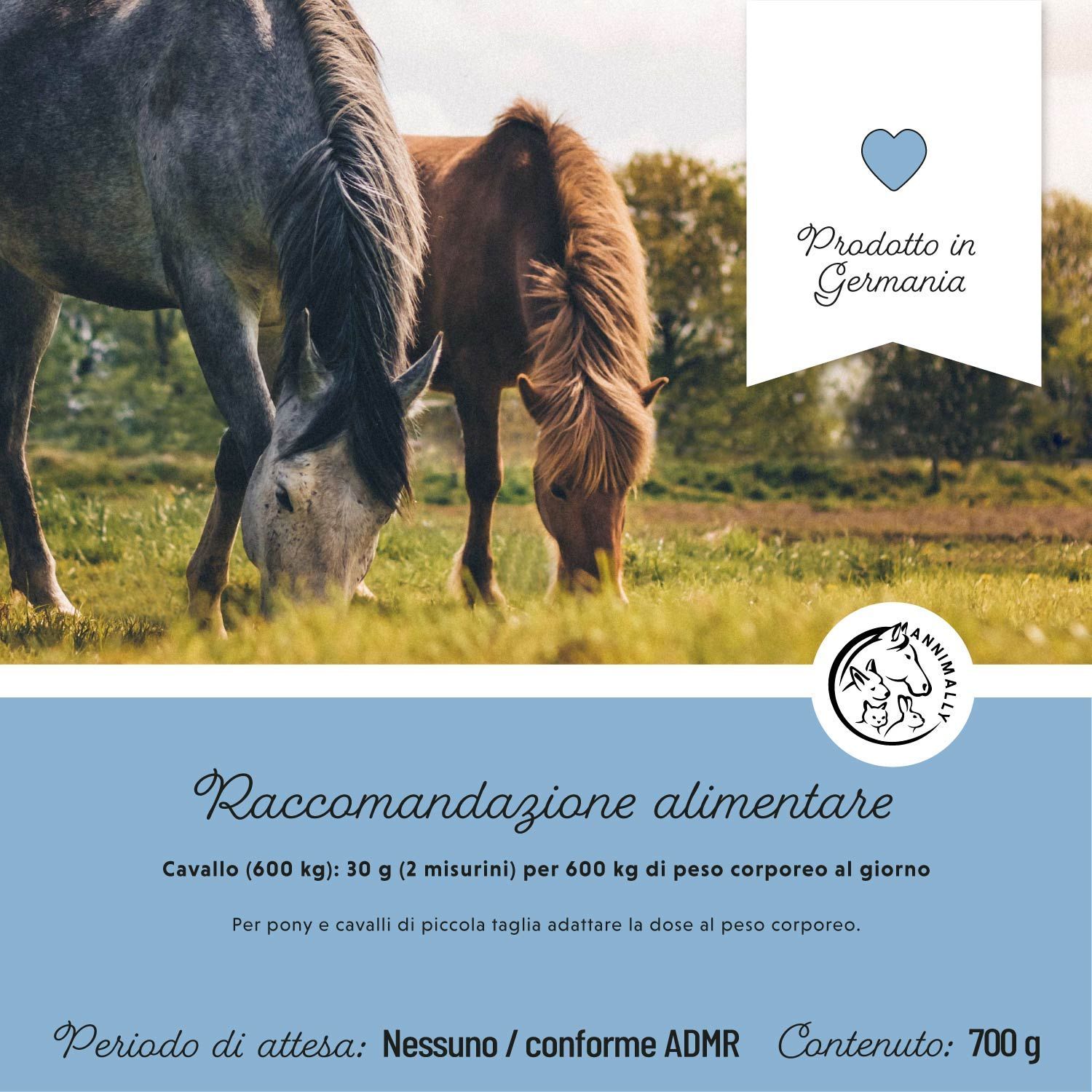 Due cavalli al pascolo. Testo sulle raccomandazioni alimentari. Prodotto in Germania. Logo Annimally. 700 g.