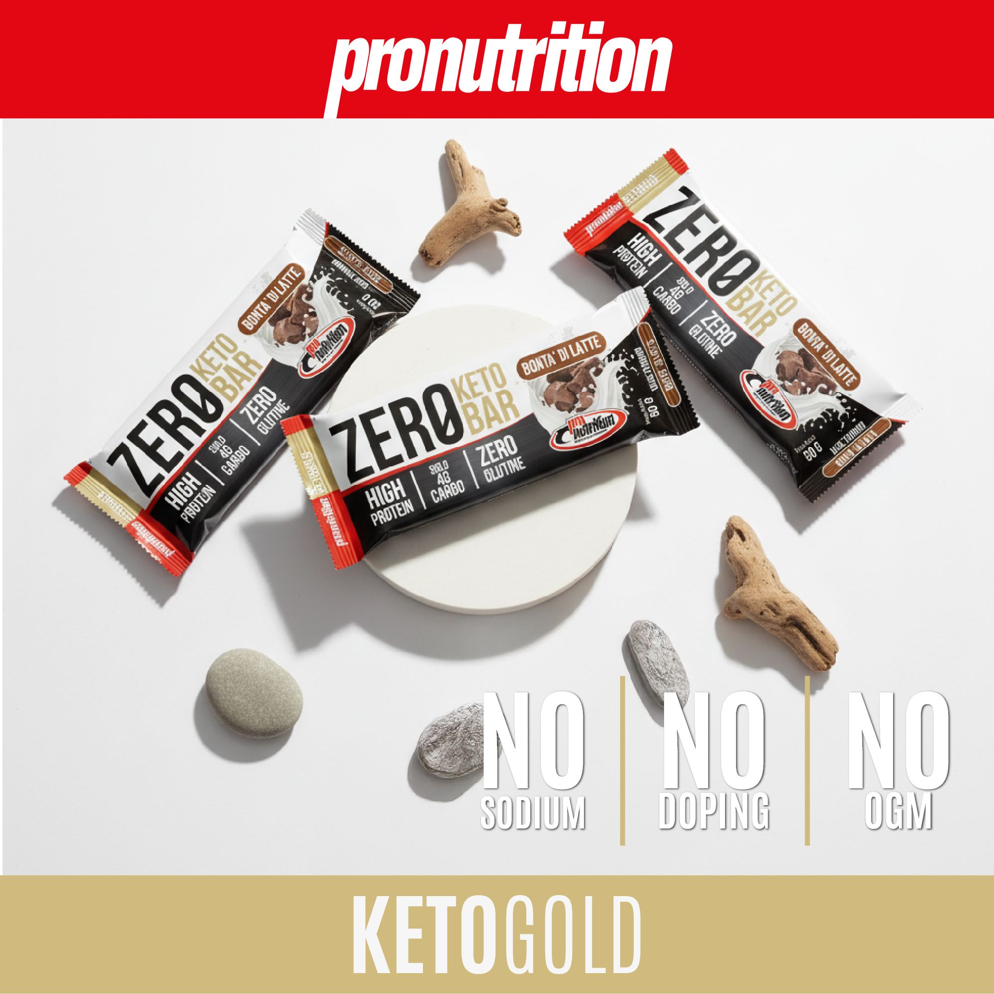 Diverse barrette su piatto bianco con pietre e legno. Scritta: Zero Keto Bar, High Protein, Zero Gluten.