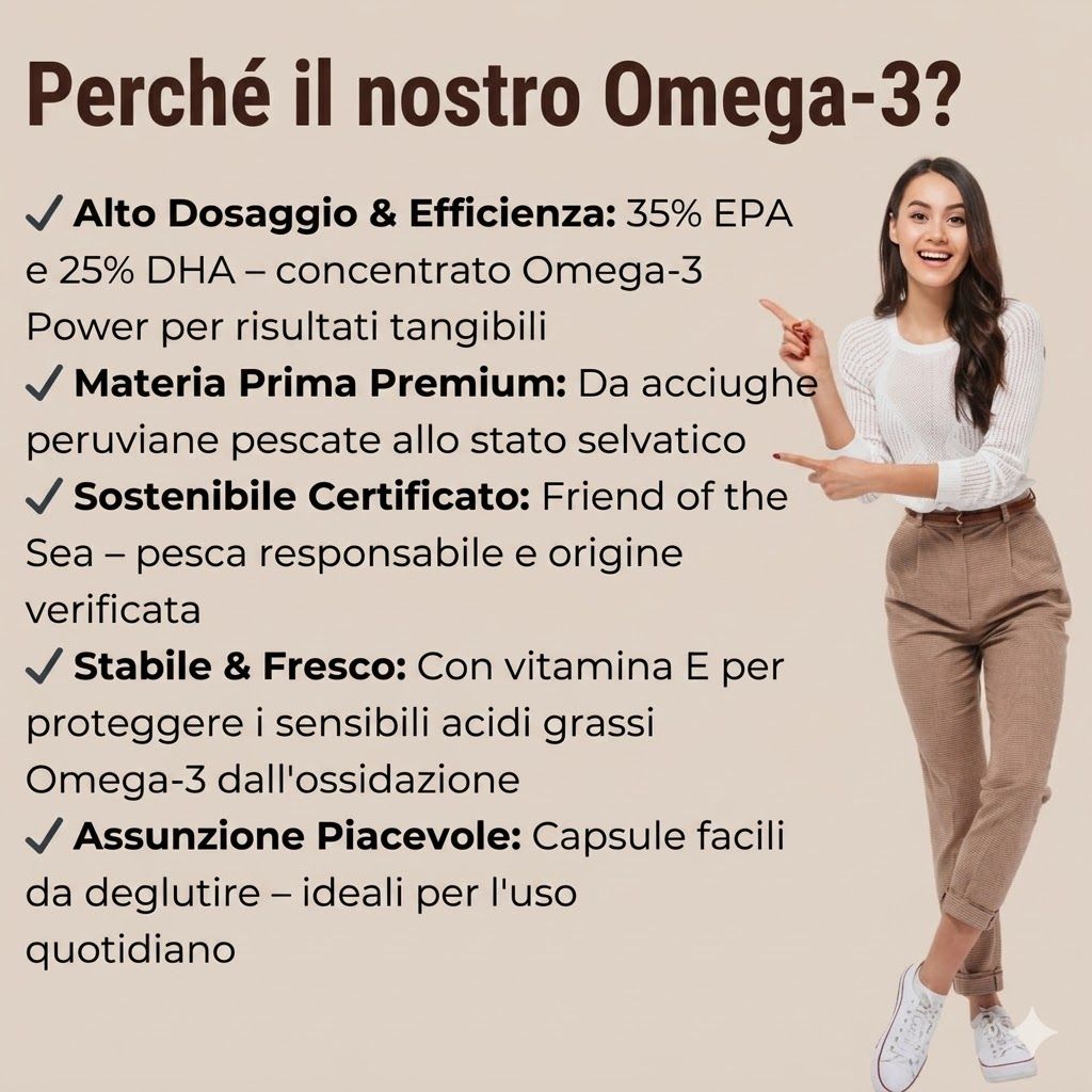 Testo: Perché il nostro Omega-3? Altamente dosato ed efficiente, materia prima premium, certificato sostenibile, stabile e fresco, facile da assumere.