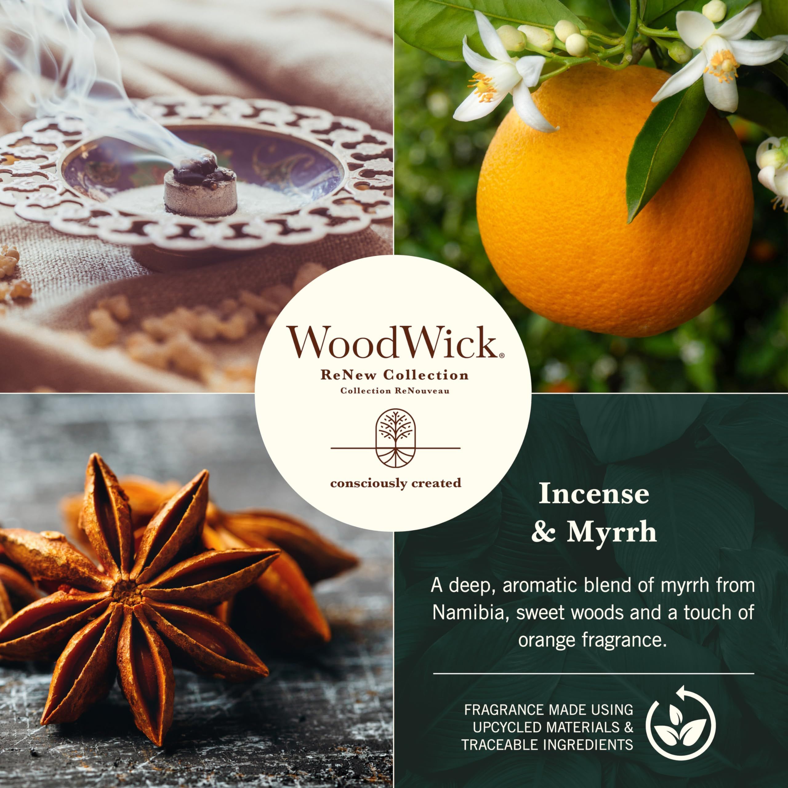 Candela profumata WoodWick ReNew Collection Incenso e Mirra 368 g