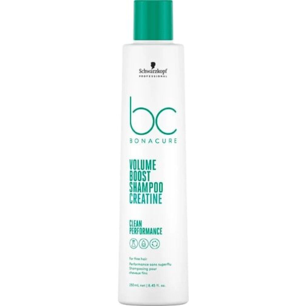 Flacone di shampoo bianco con tappo verde. Scritta: bc BONACURE VOLUME BOOST SHAMPOO CREATINE. Schwarzkopf Professional.