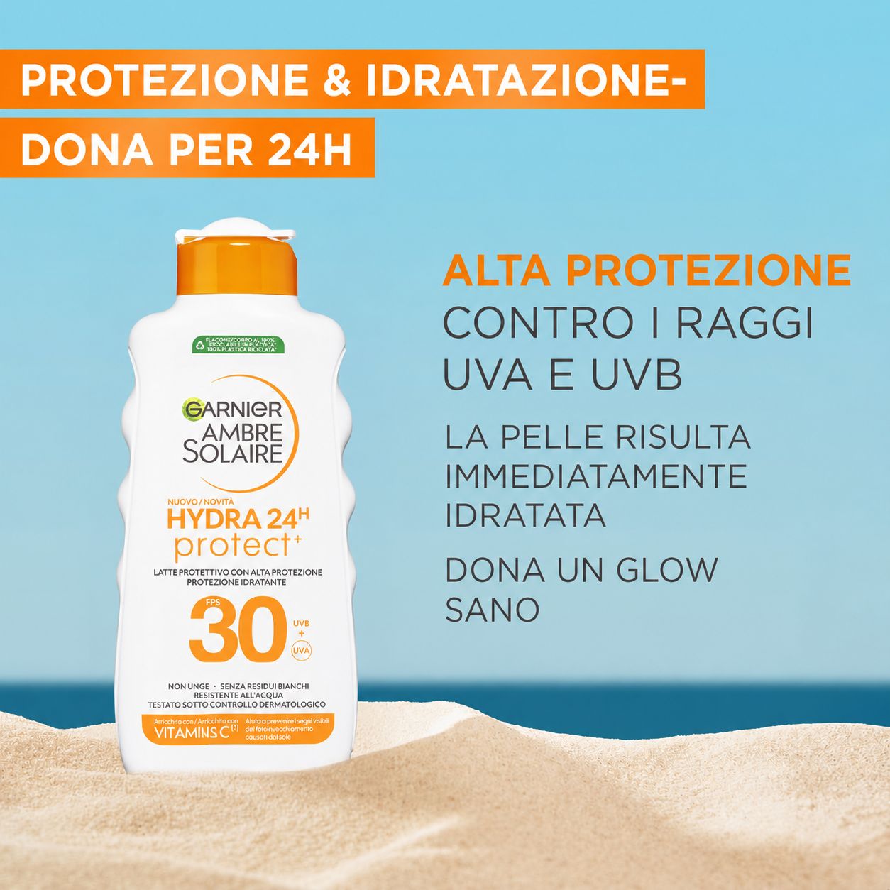 Flacone Garnier Ambre Solaire Hydra Protect+ LSF 30 sulla sabbia. Testo: Protezione & idratazione, protezione 24h. Alta protezione UVA e UVB.
