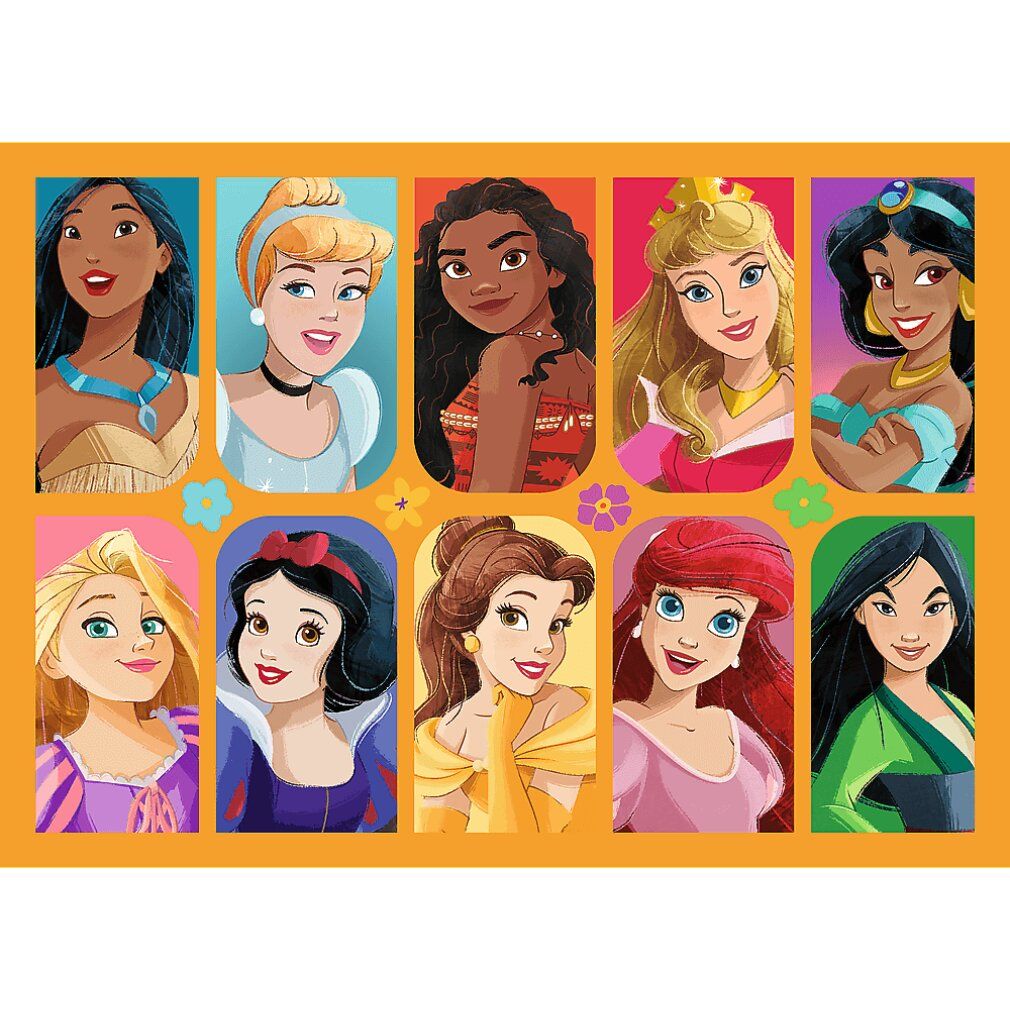 Puzzle con Principesse Disney. Dieci principesse in riquadri quadrati su sfondo arancione. Diverse pose e sfondi.