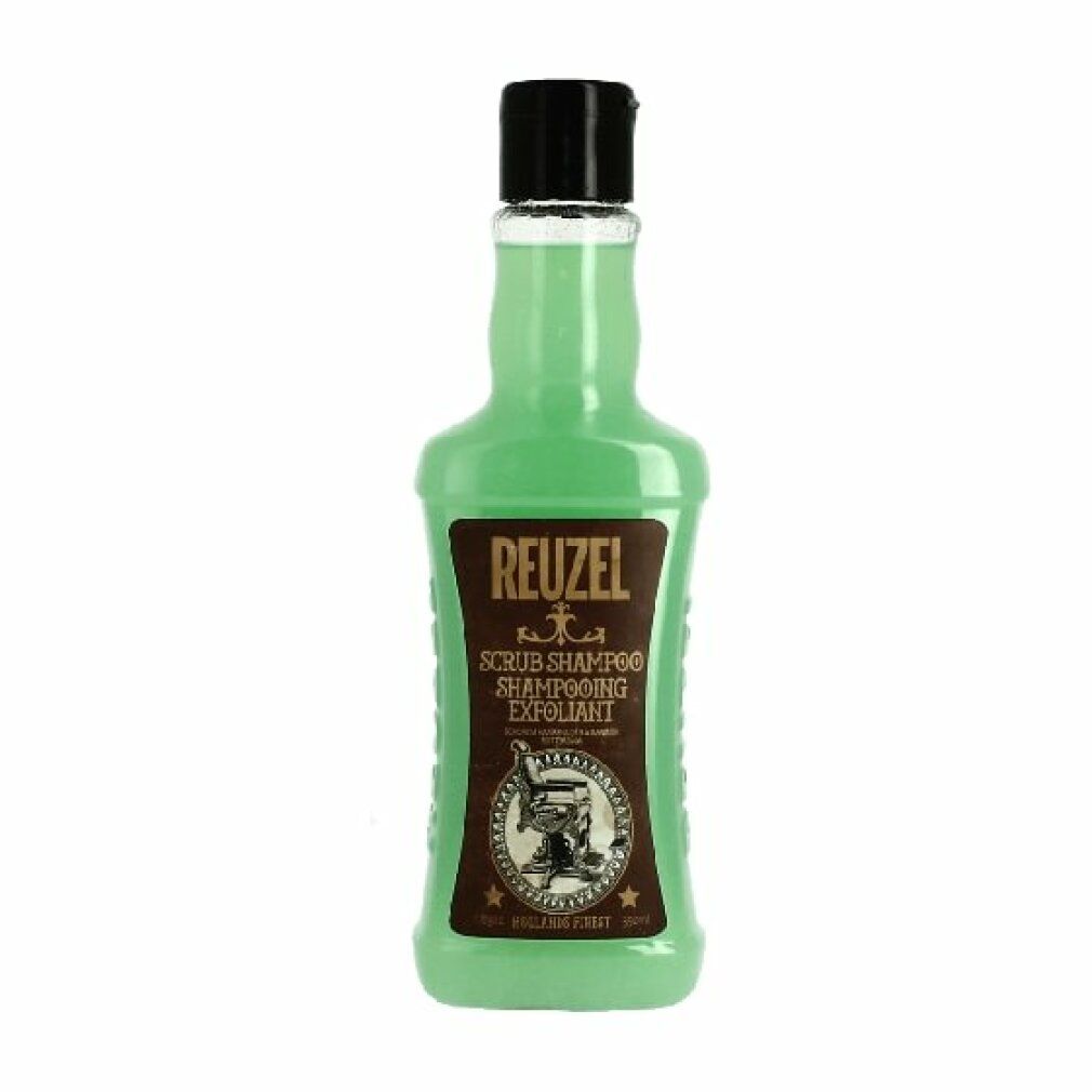Flacone verde con tappo nero. Etichetta marrone con "REUZEL SCRUB SHAMPOO". Logo poltrona da barbiere.