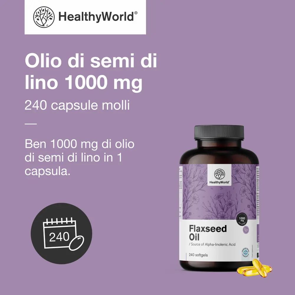 Tre bottiglie di olio di semi di lino da diverse angolazioni, testo.