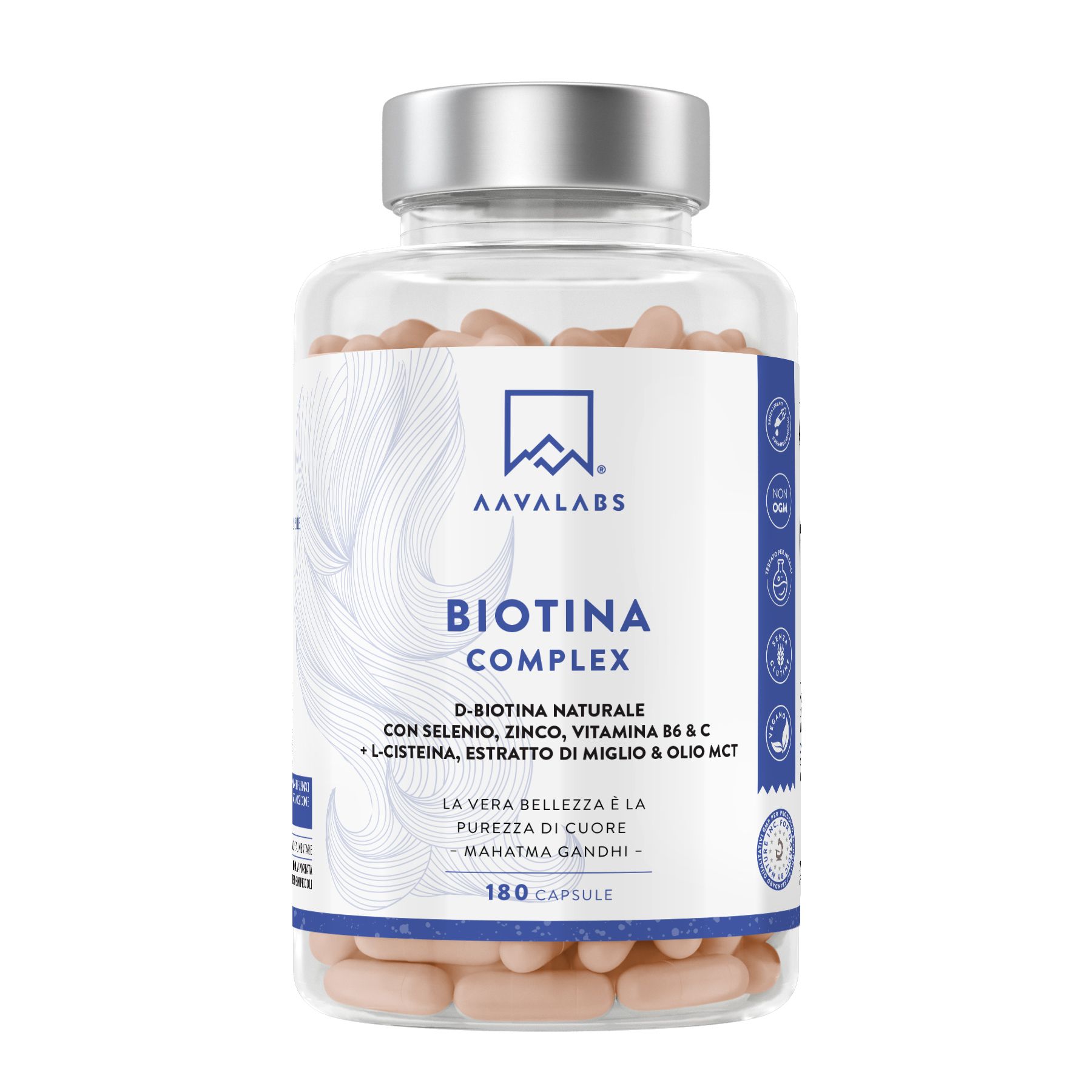 Flacone trasparente con capsule. Scritta: BIOTIN COMPLEX, AAVALABS. Contiene biotina, selenio, zinco, vitamine. 180 capsule.