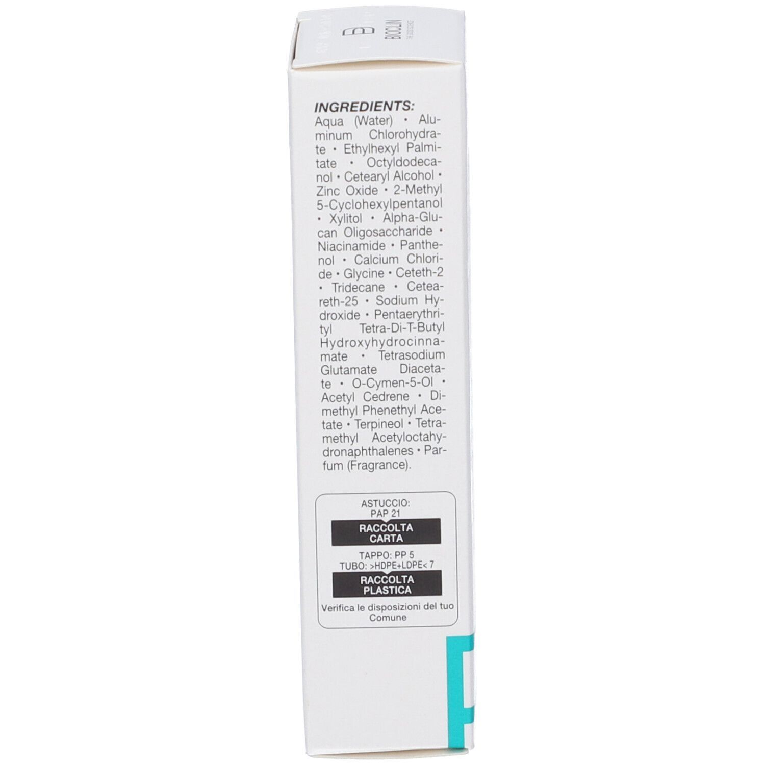 Lato della scatola Bioclin Deo Control Crema con elenco ingredienti dettagliato e informazioni sul riciclo.