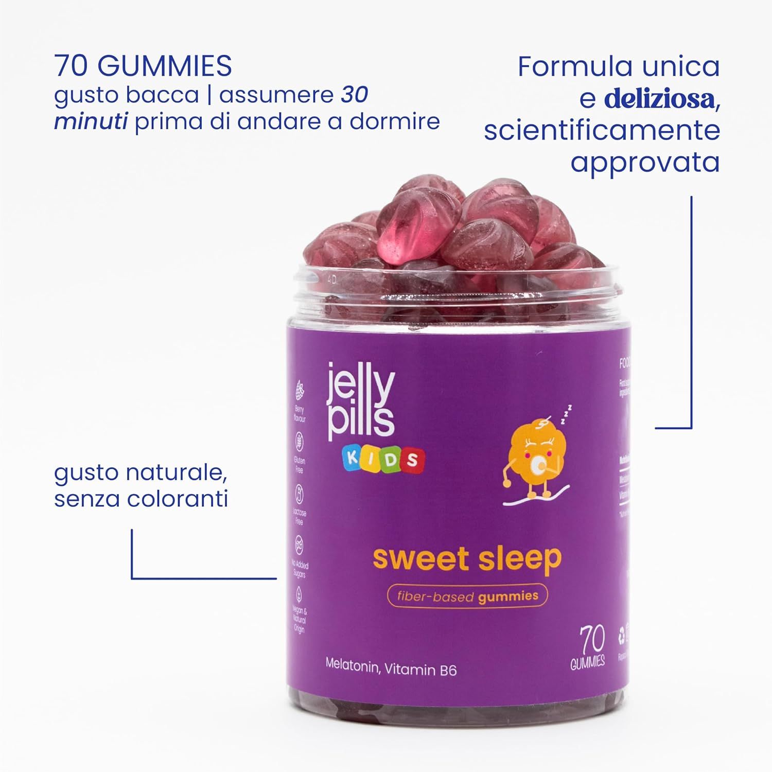 Barattolo Jelly Pills con caramelle gommose. Scritta: Sweet Sleep Gummies. 70 caramelle gommose. Testo sull'assunzione. Gusto naturale.
