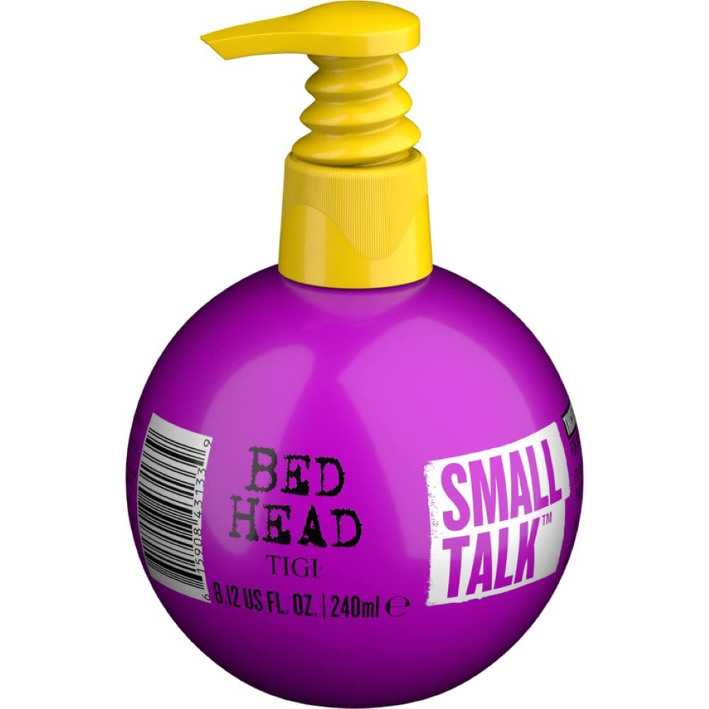 Flacone rotondo viola con erogatore giallo. Scritte "BED HEAD" e "SMALL TALK".