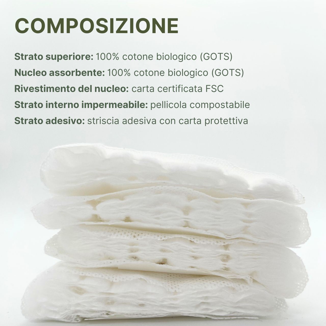 MyClarella Assorbenti post-parto: composizione. 100% cotone bio, pellicola compostabile.