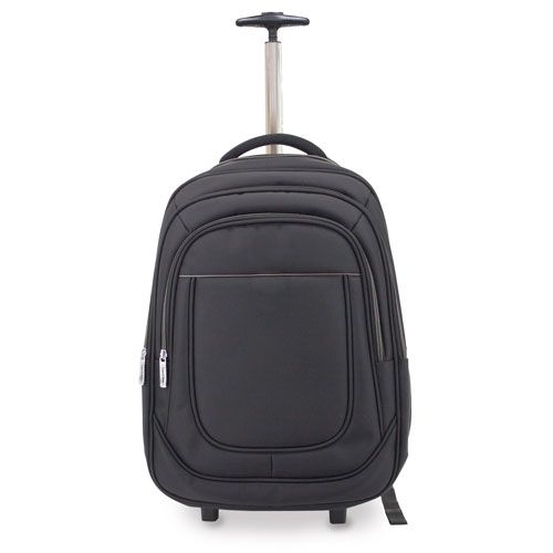 Retro dello zaino trolley nero. Spallacci imbottiti, cinghie regolabili. Ruote e manico estensibile.